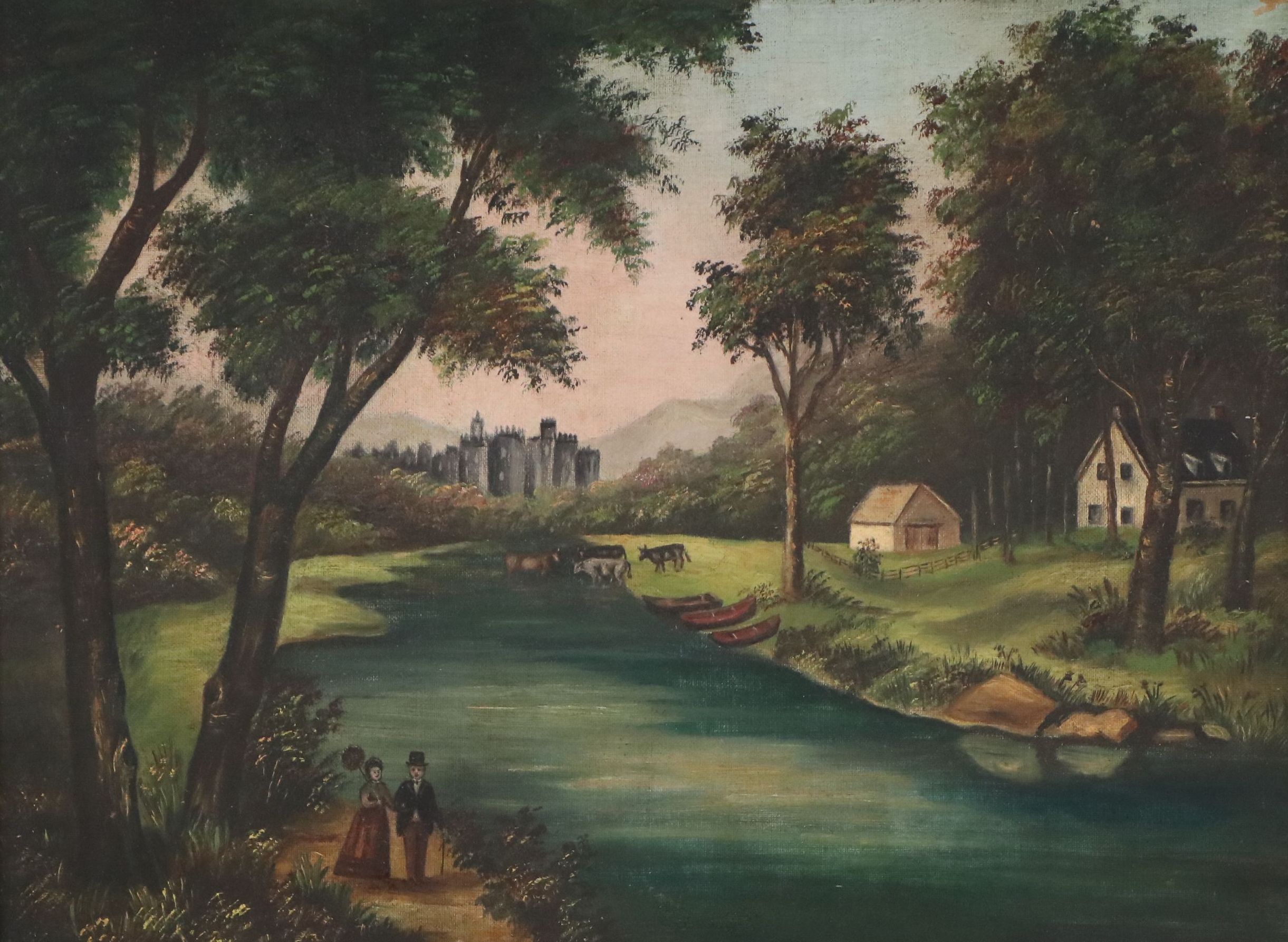 Capriccio Landscape Oil Painting with Castle, Late 19th to Early 20th Century