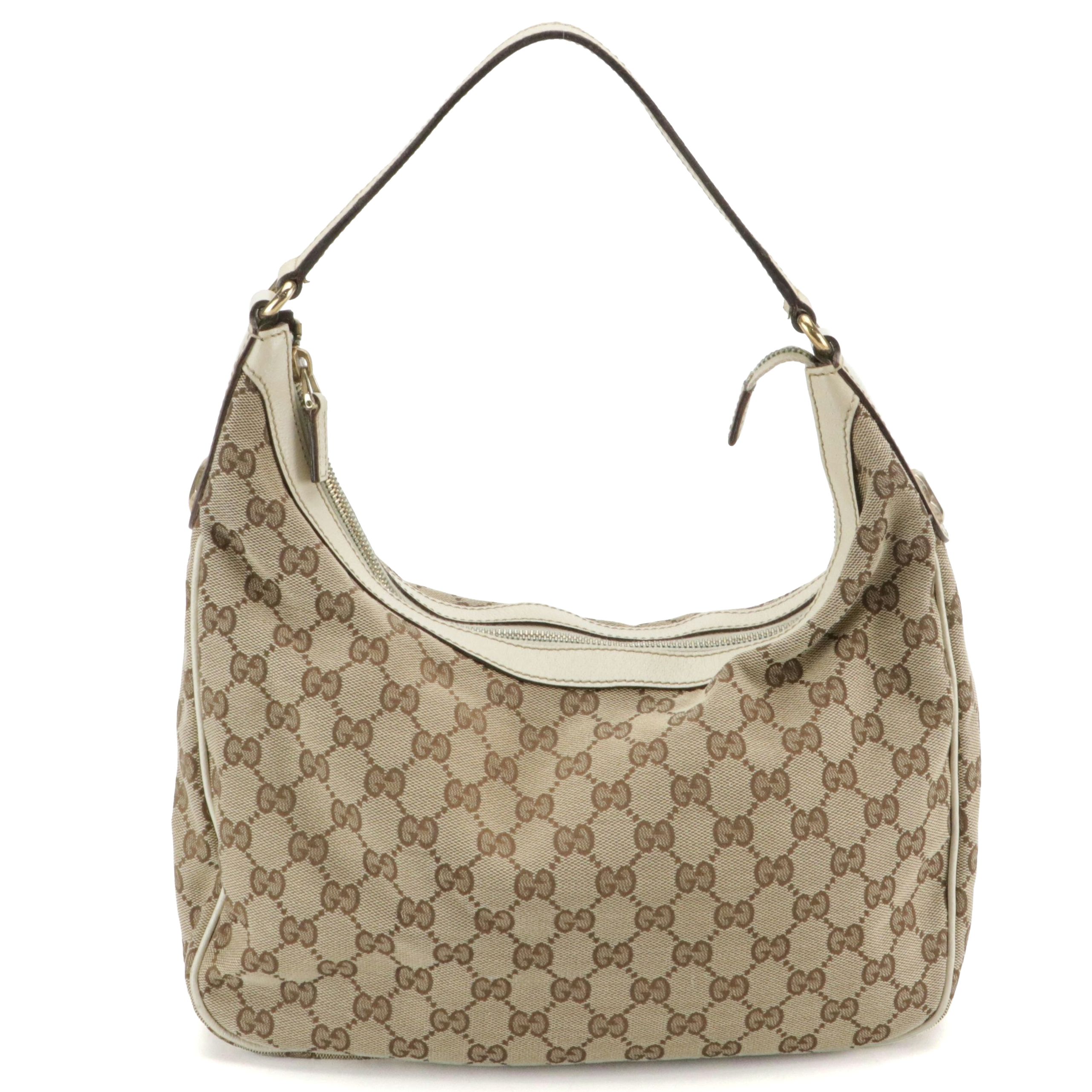Gucci Hobo Shoulder Bag in GG Canvas and Ivory Leather Trim