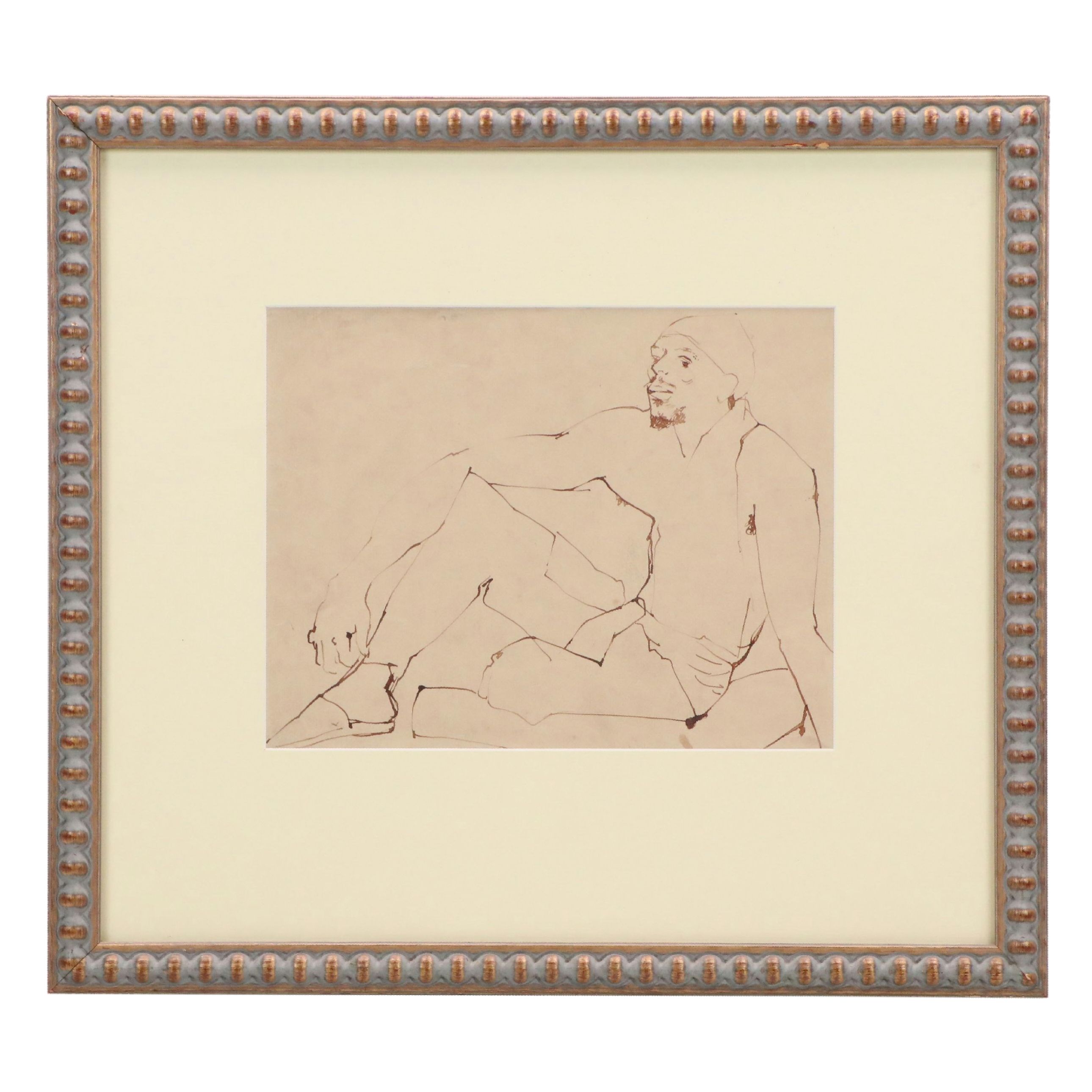 Figural Ink Line Drawing of a Seated Man, Late 20th to Early 21st Century