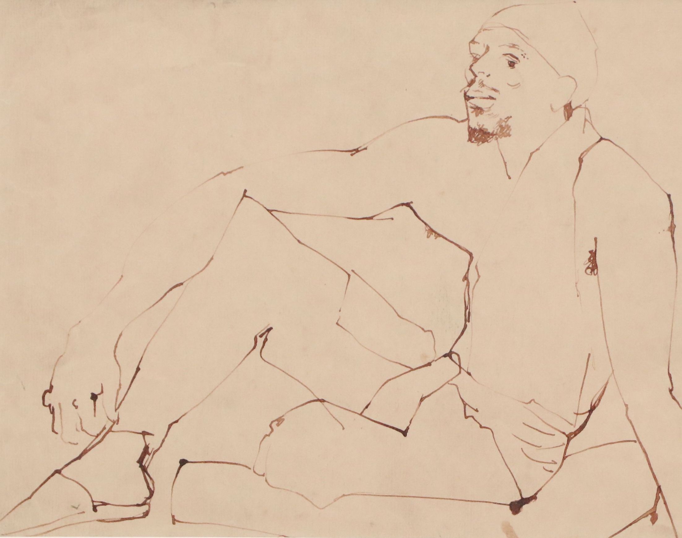 Figural Ink Line Drawing of a Seated Man, Late 20th to Early 21st Century
