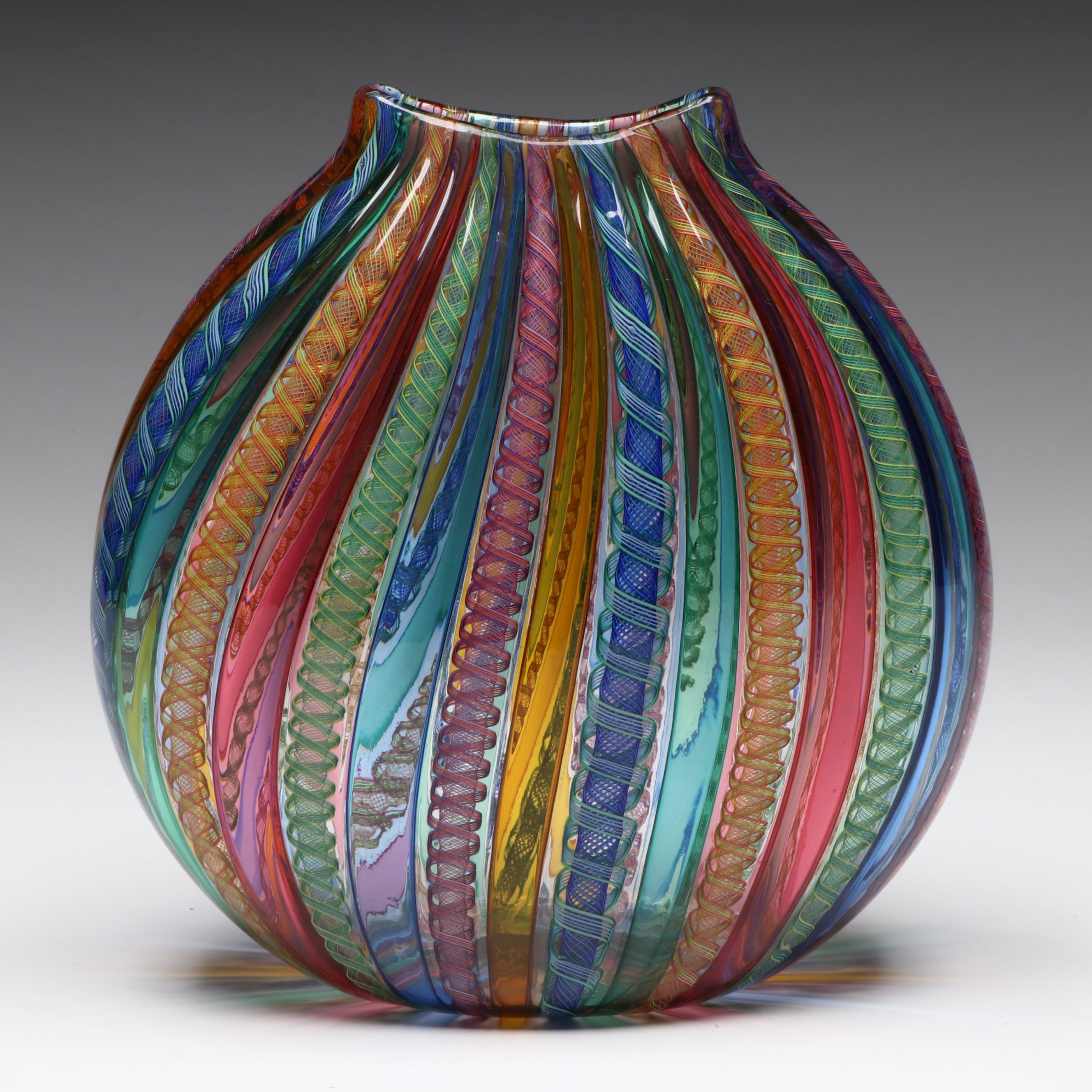 Lucy Bergamini "FlatRound" Zanfirico and Veil Cane Rollup Art Glass Vase