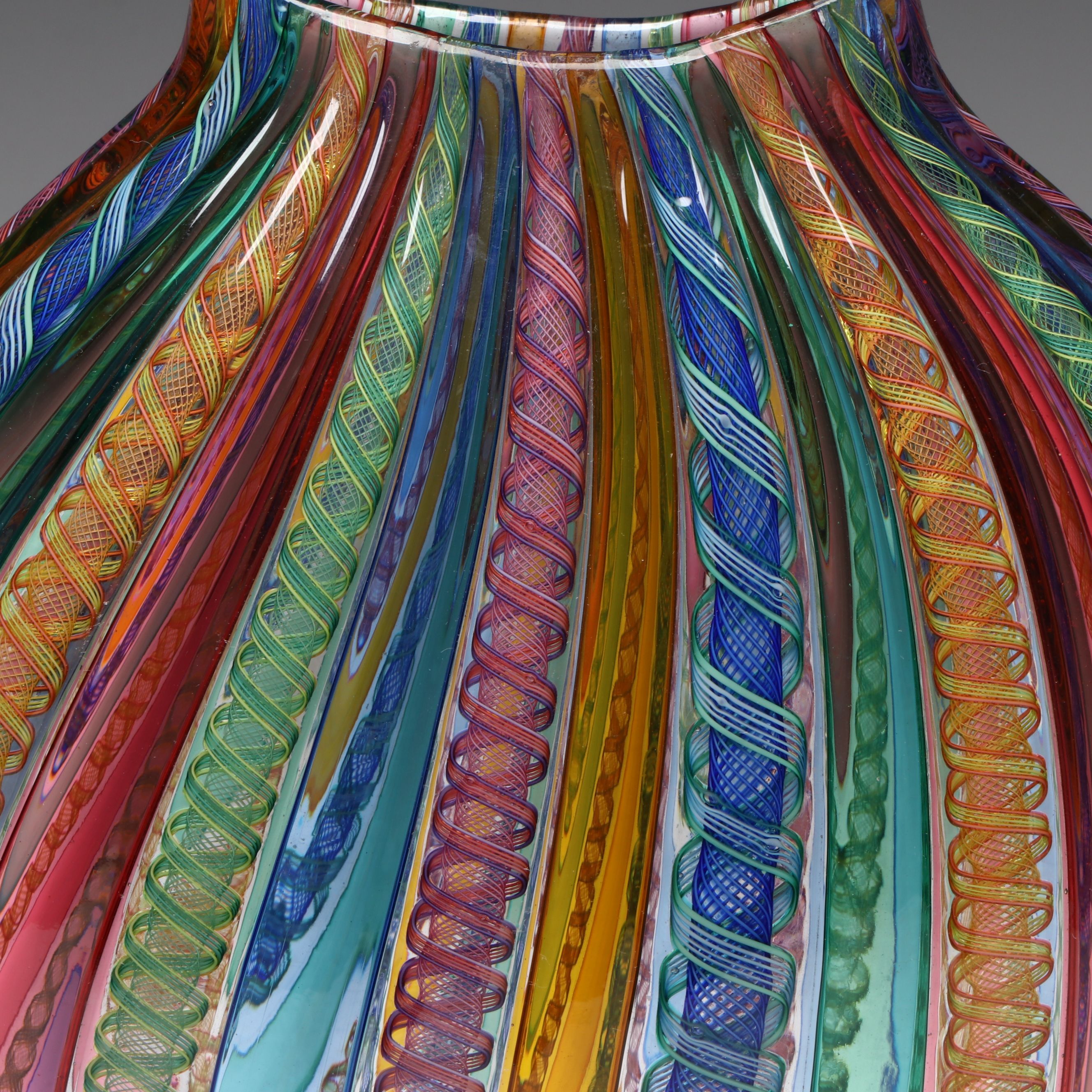 Lucy Bergamini "FlatRound" Zanfirico and Veil Cane Rollup Art Glass Vase