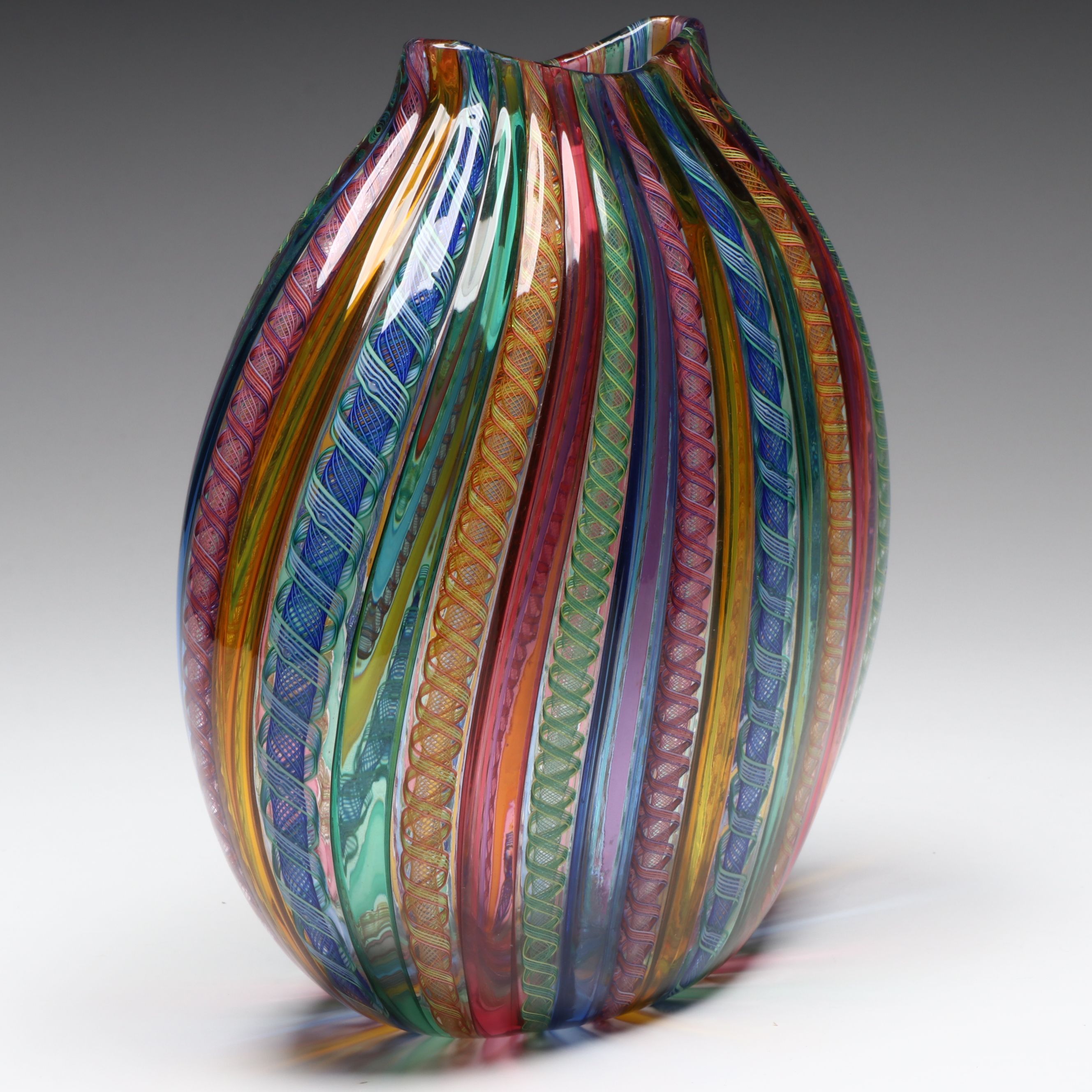 Lucy Bergamini "FlatRound" Zanfirico and Veil Cane Rollup Art Glass Vase