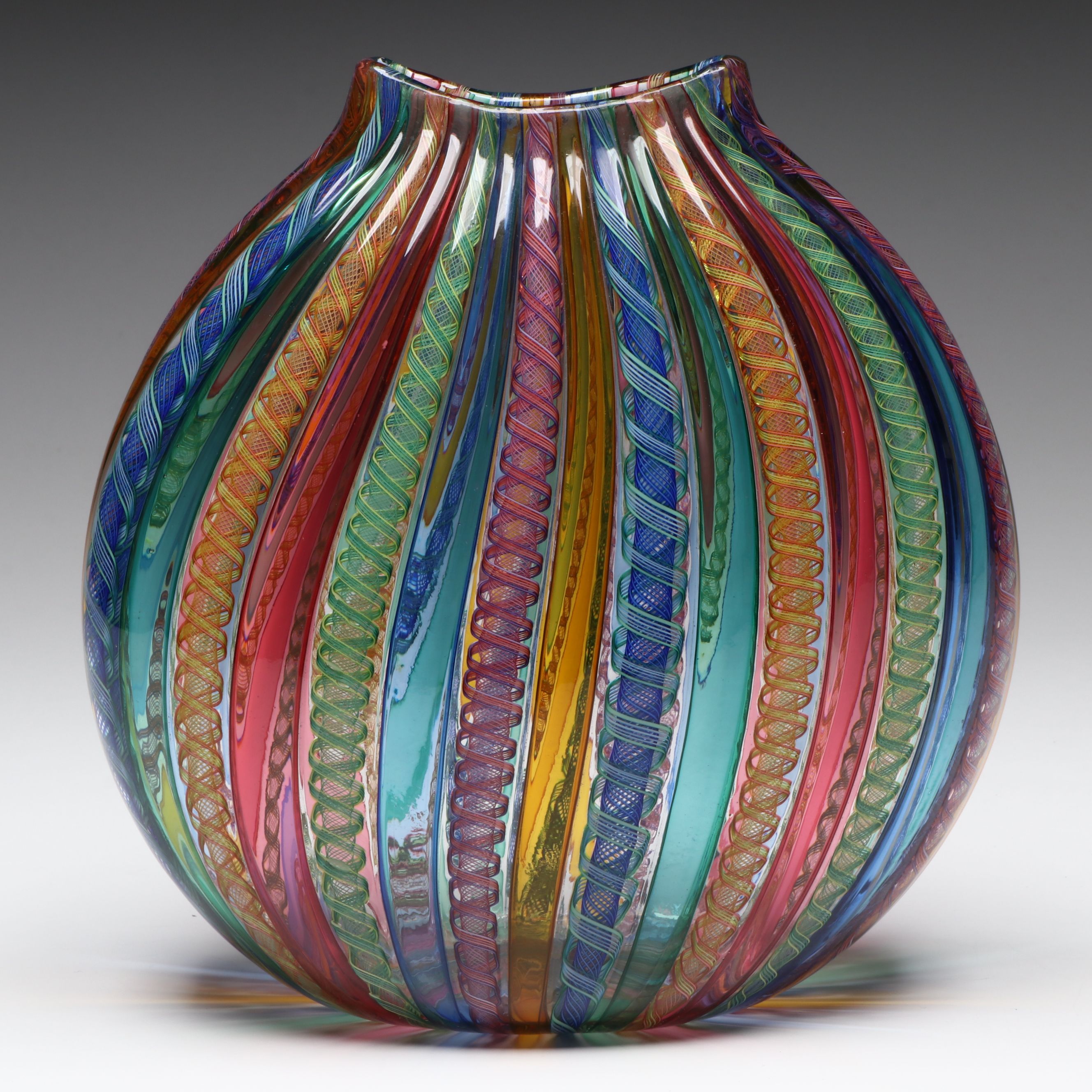 Lucy Bergamini "FlatRound" Zanfirico and Veil Cane Rollup Art Glass Vase