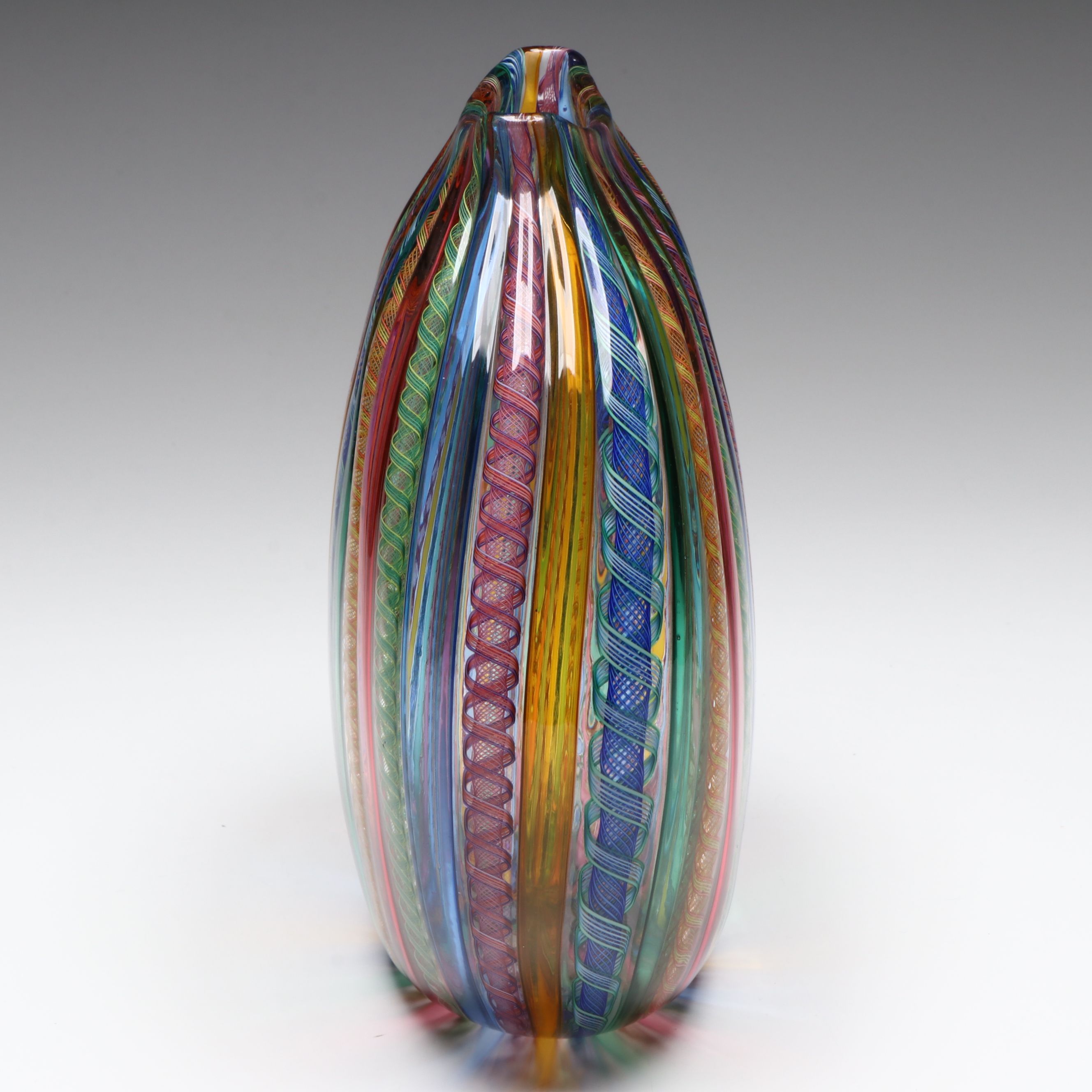 Lucy Bergamini "FlatRound" Zanfirico and Veil Cane Rollup Art Glass Vase
