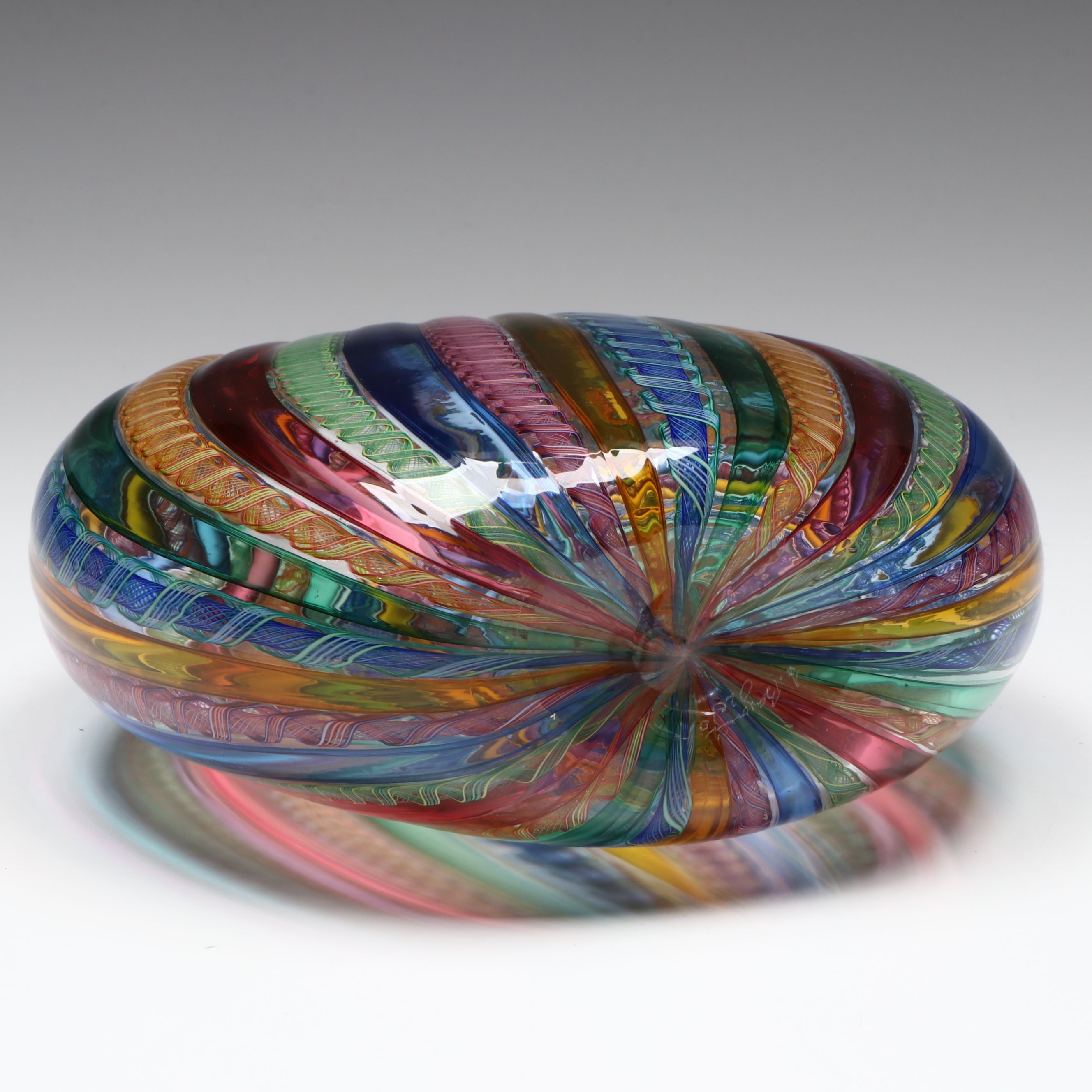 Lucy Bergamini "FlatRound" Zanfirico and Veil Cane Rollup Art Glass Vase