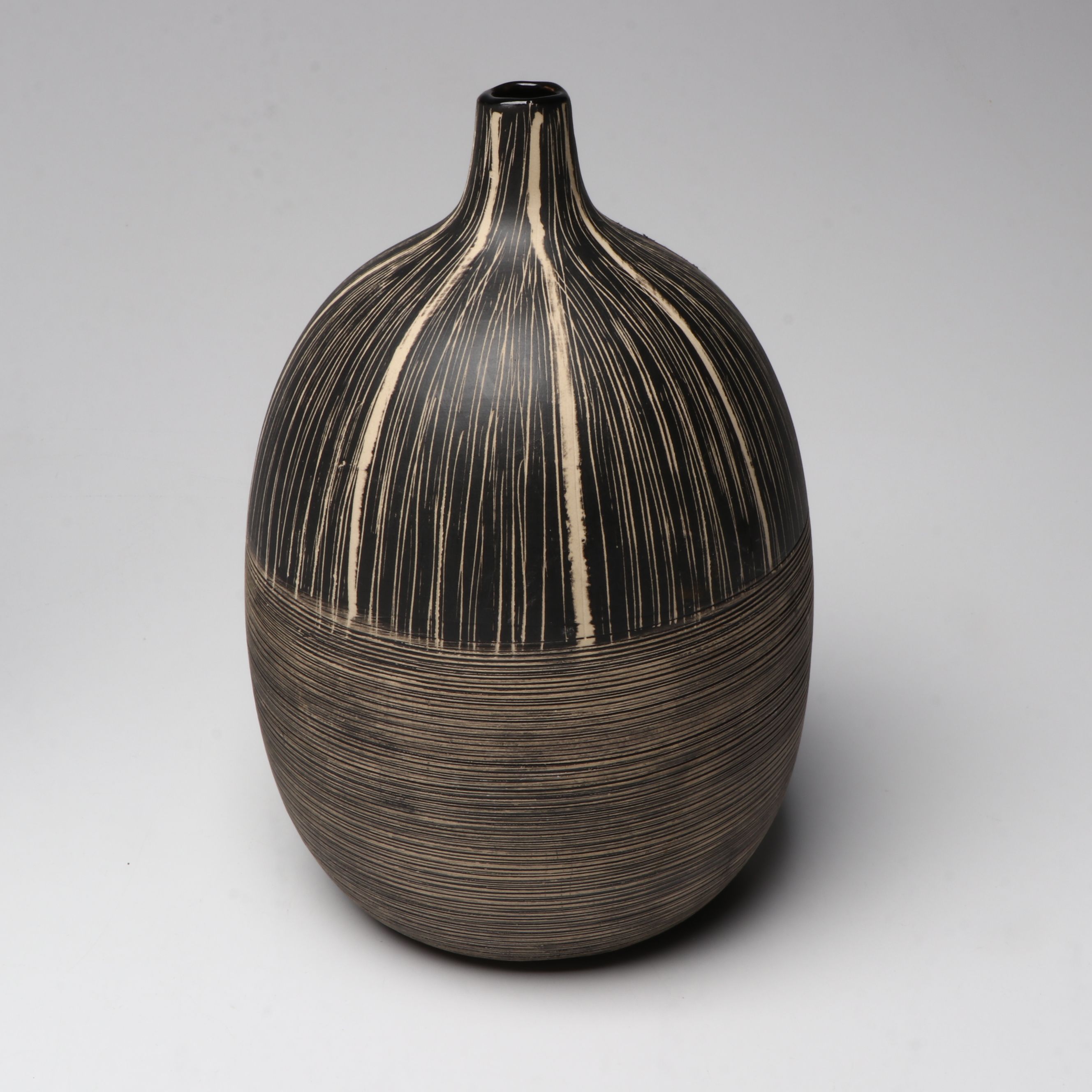 Organic Textured Ceramic and Wood Vases with Peacock Feathers