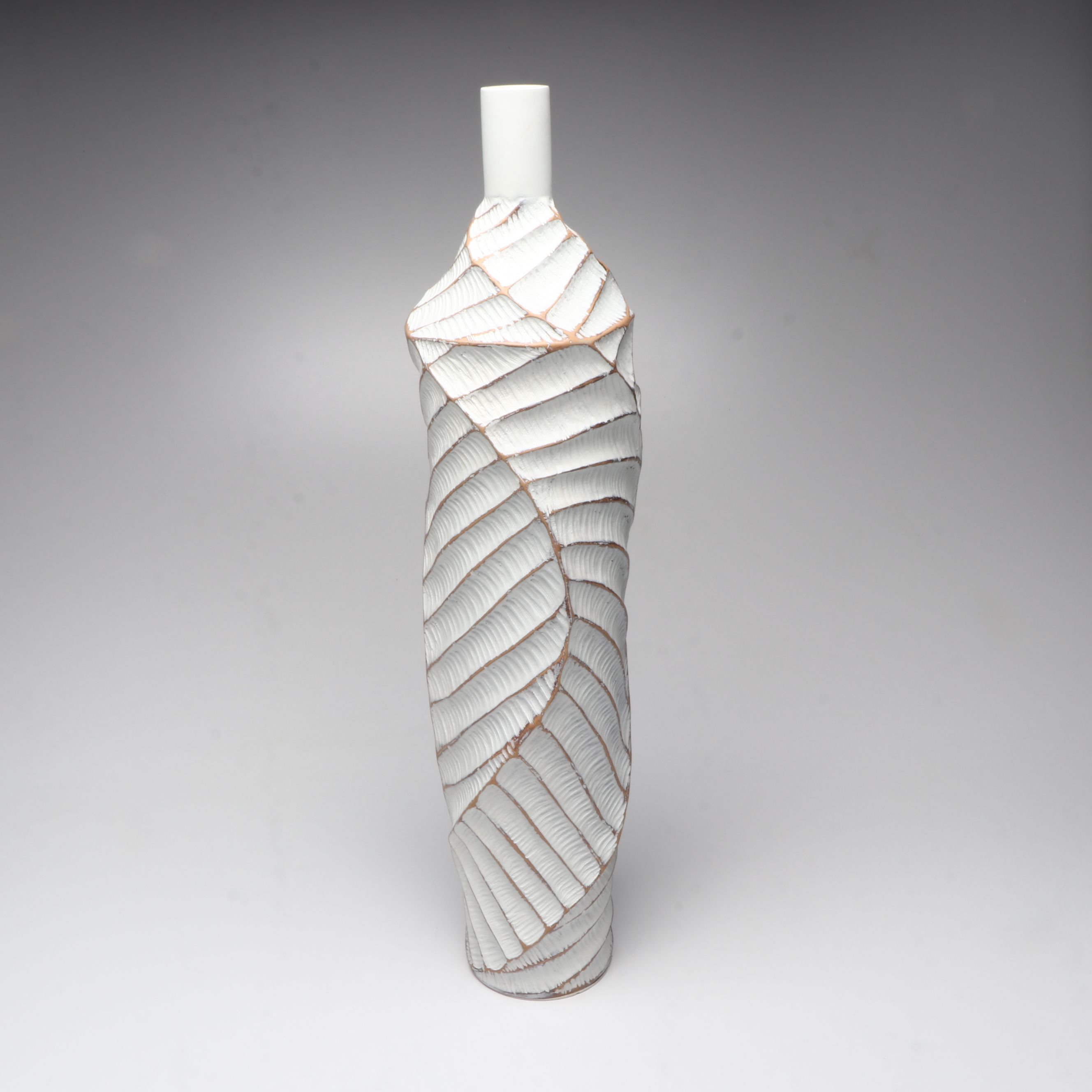 Organic Textured Ceramic and Wood Vases with Peacock Feathers