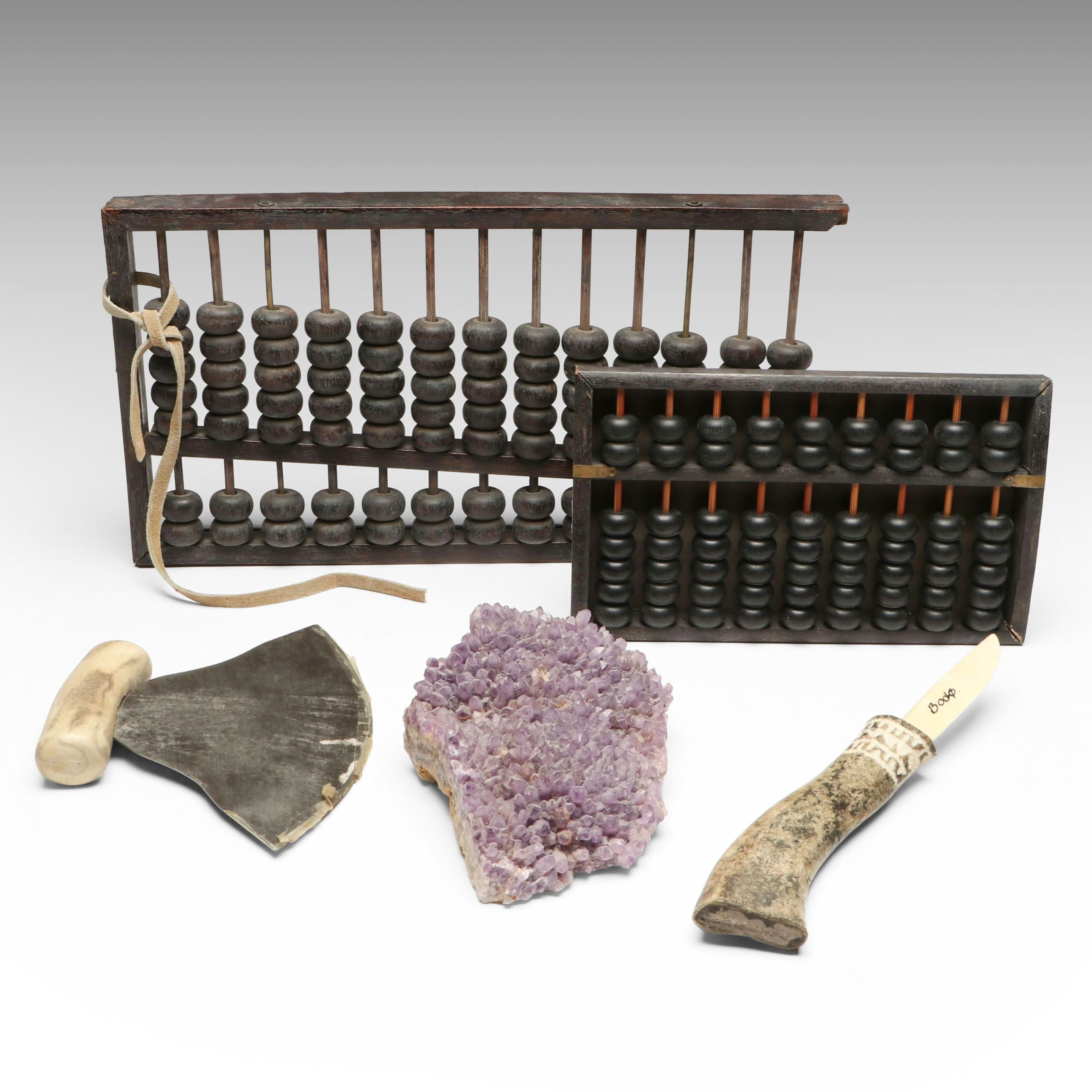 Arctic Indigenous Knives, Vintage Wood Abacuses and Amethyst Cluster