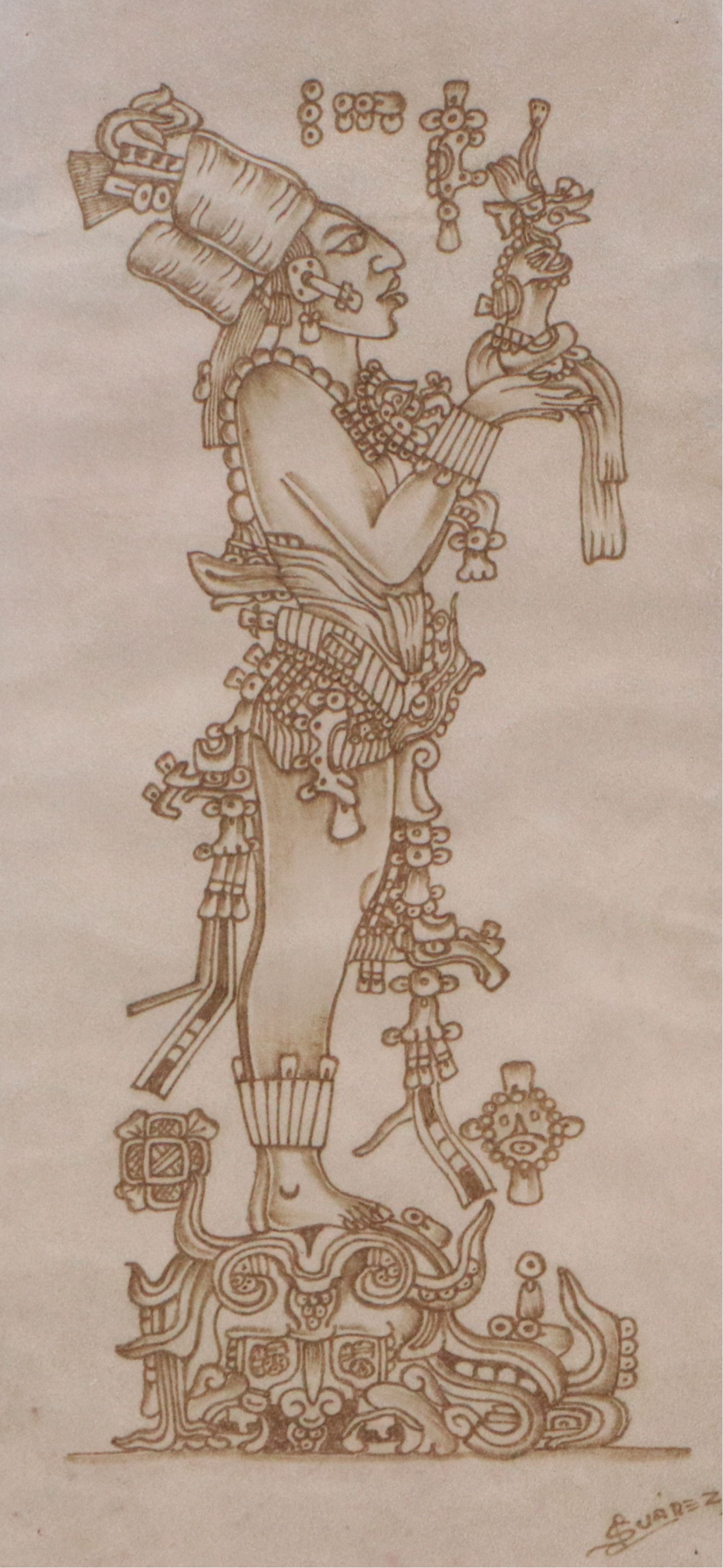 Mayan Style Pyrograph on Suede Leather of Chan-Bahlum II