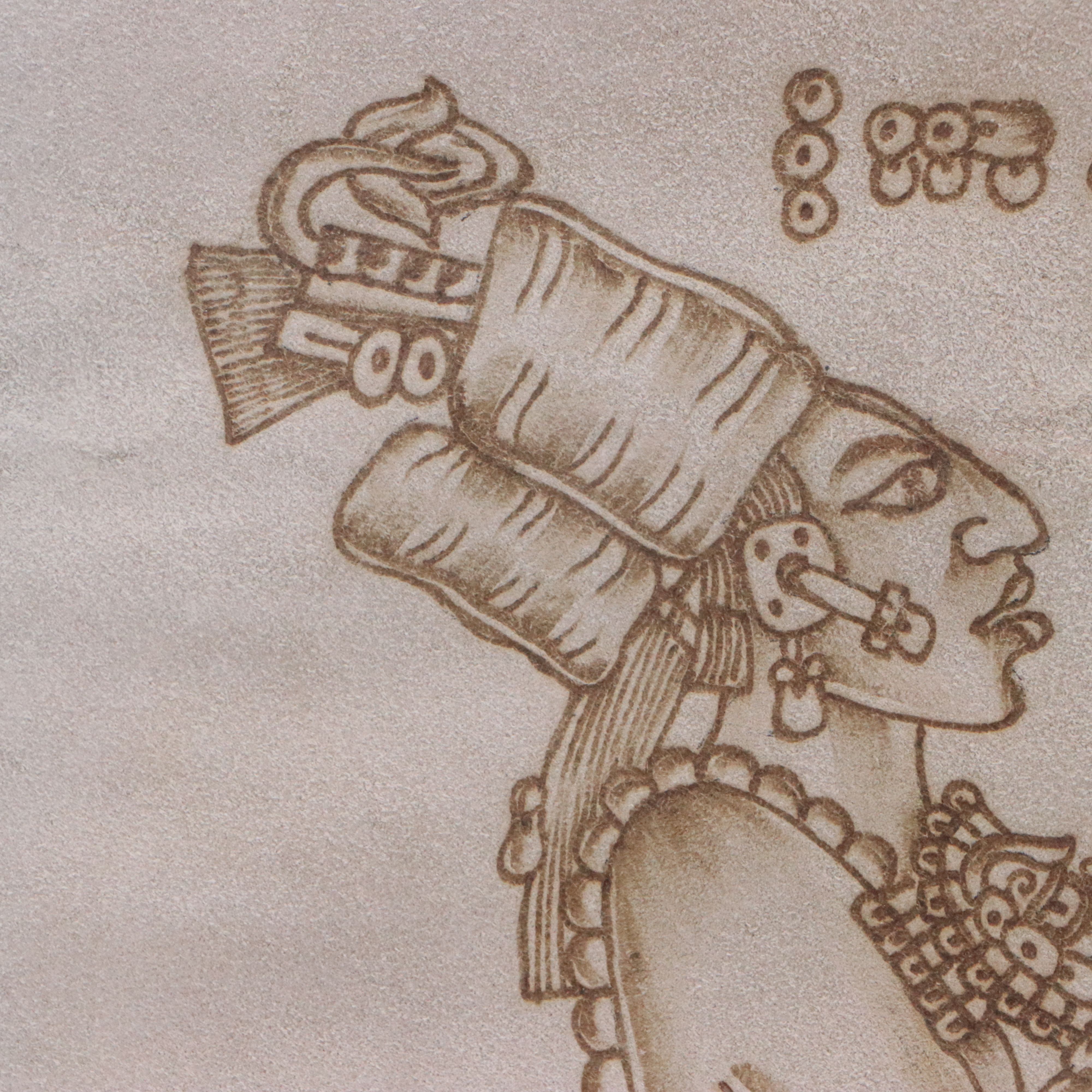 Mayan Style Pyrograph on Suede Leather of Chan-Bahlum II