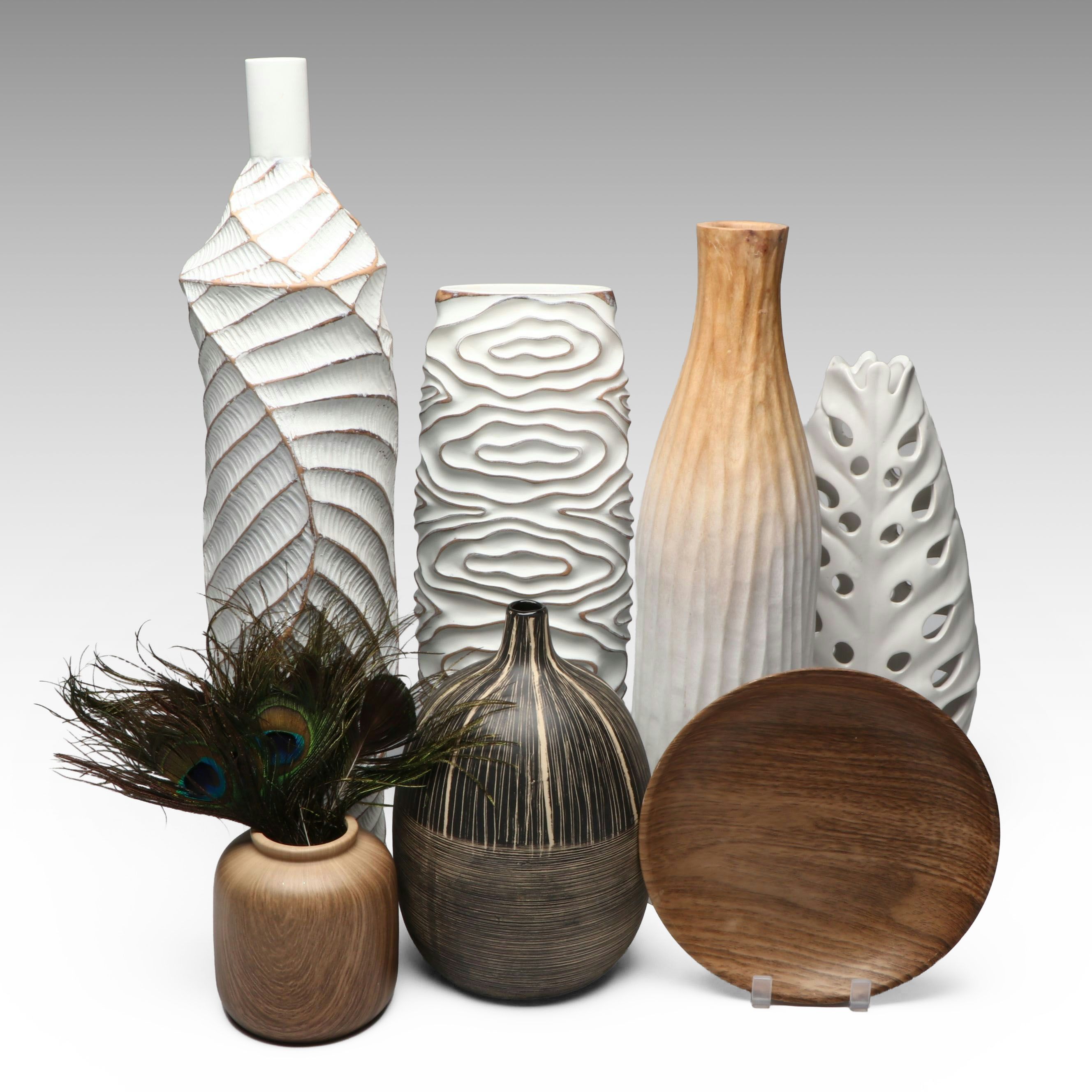 Organic Textured Ceramic and Wood Vases with Peacock Feathers