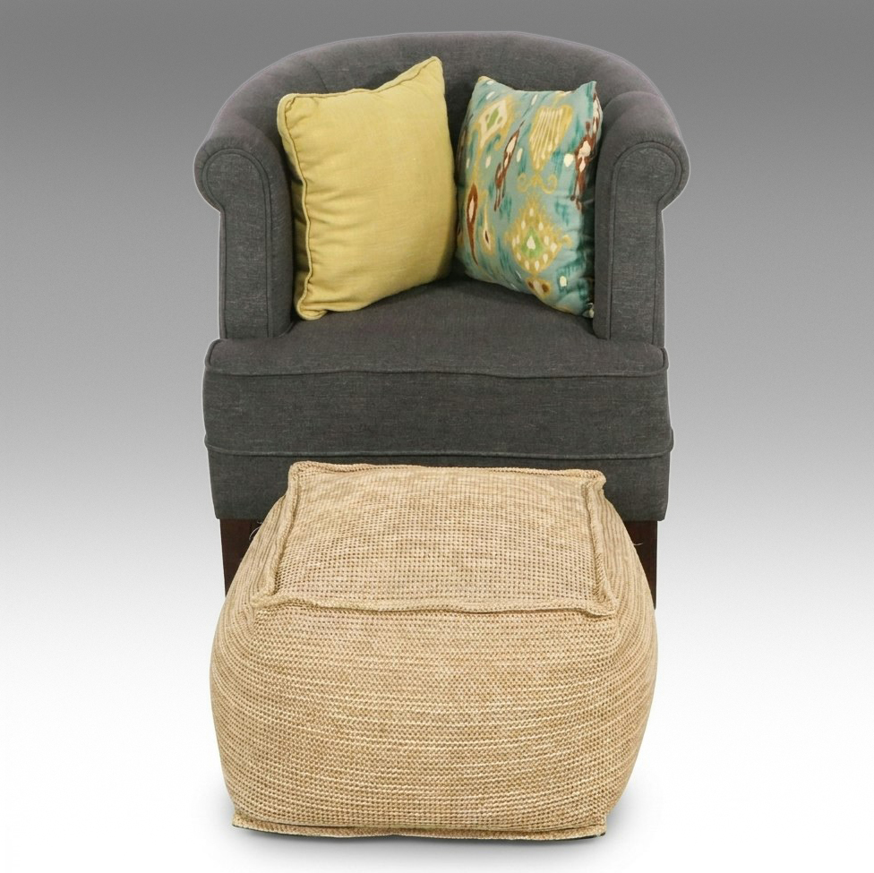 Contemporary Charcoal Tufted Barrel Chair and Threshold Woven Pouf