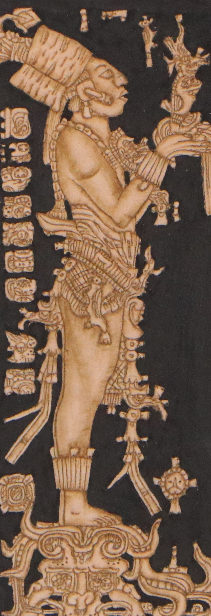 Hand-Dyed Pyrograph on Suede Leather of Chan-Bahlum II