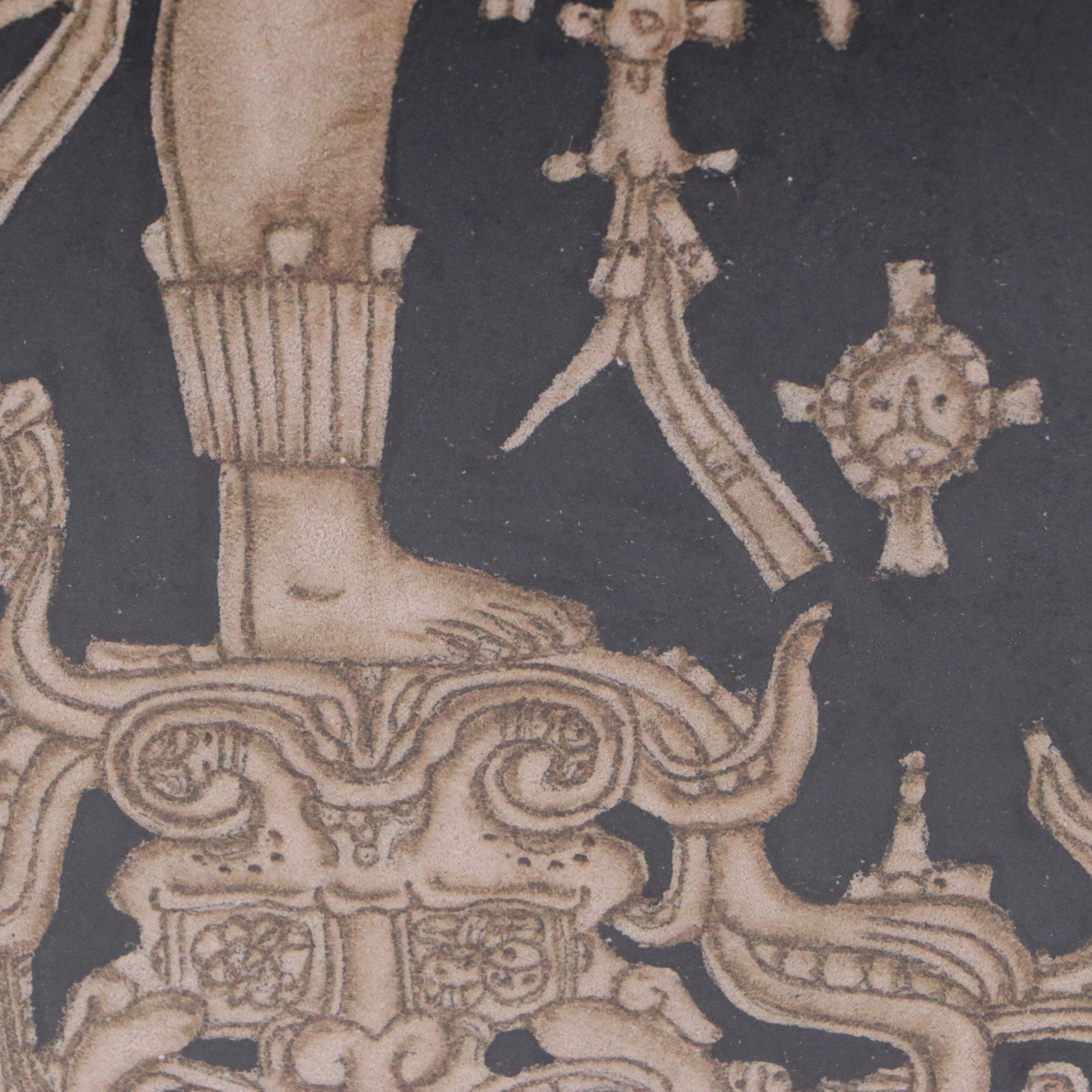 Hand-Dyed Pyrograph on Suede Leather of Chan-Bahlum II