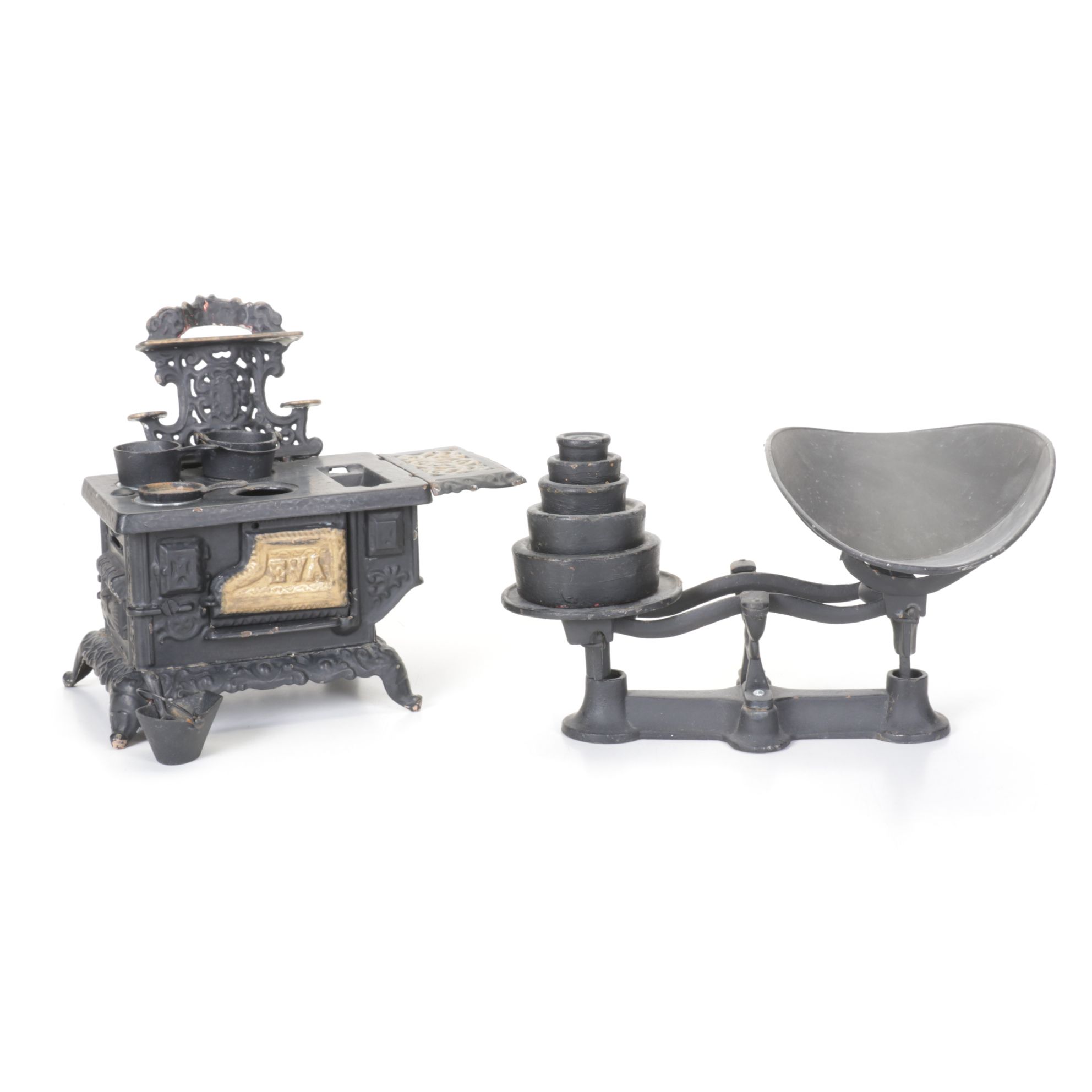 Kenton Cast Iron Toy Stove & Kitchen Accessories with Balance Scale, 19th C.