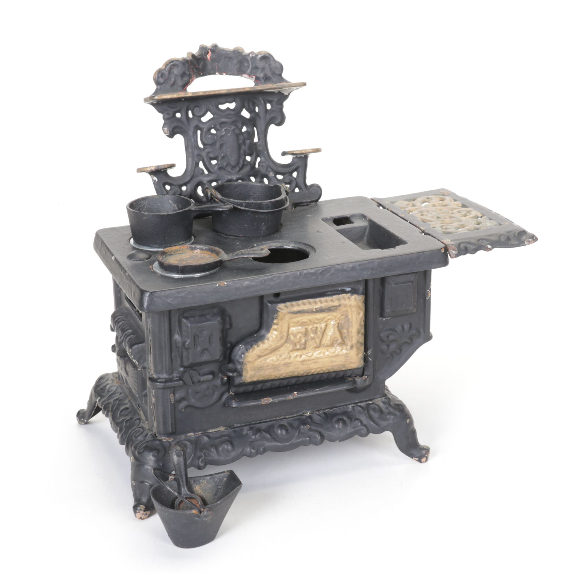 Kenton Cast Iron Toy Stove & Kitchen Accessories with Balance Scale, 19th C.