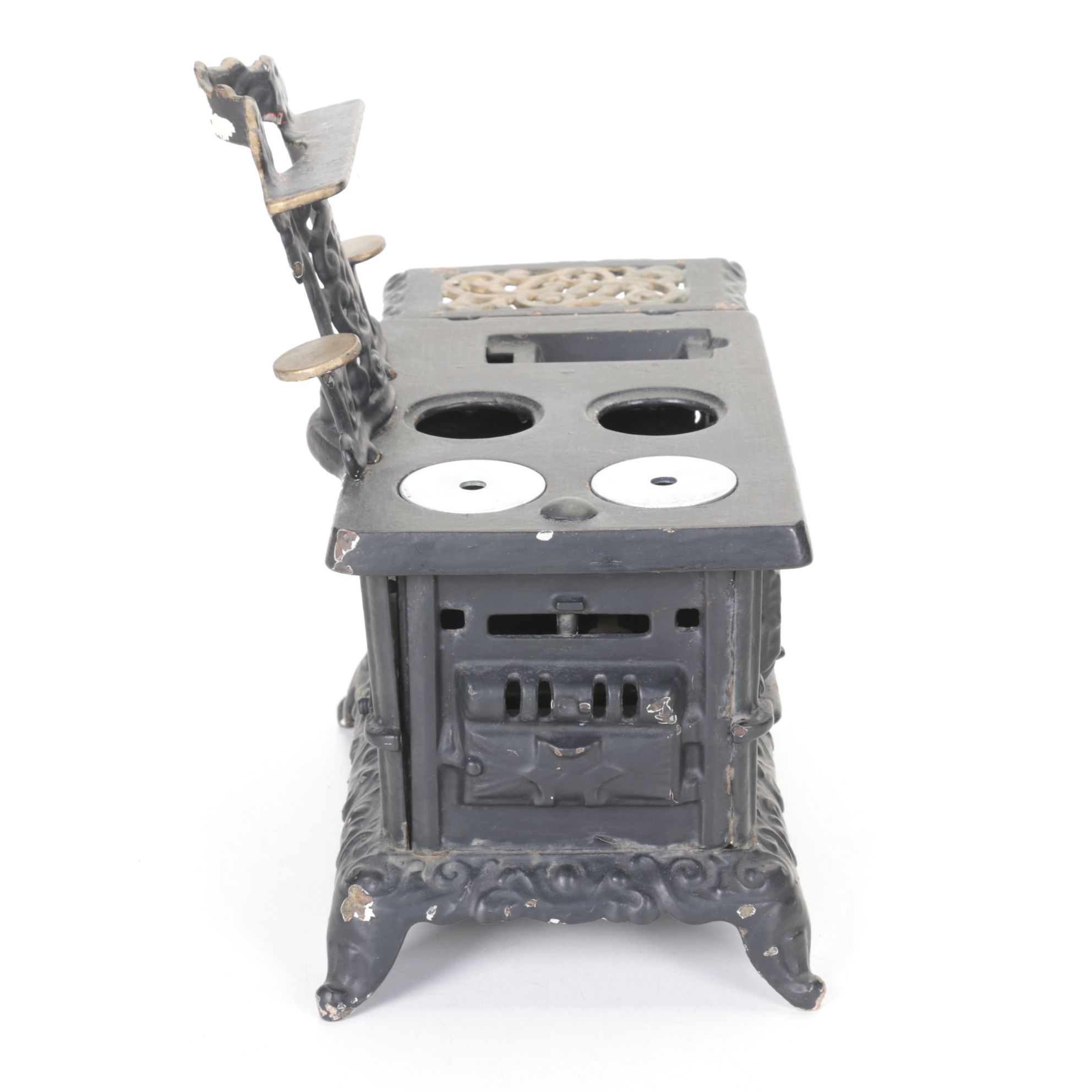 Kenton Cast Iron Toy Stove & Kitchen Accessories with Balance Scale, 19th C.