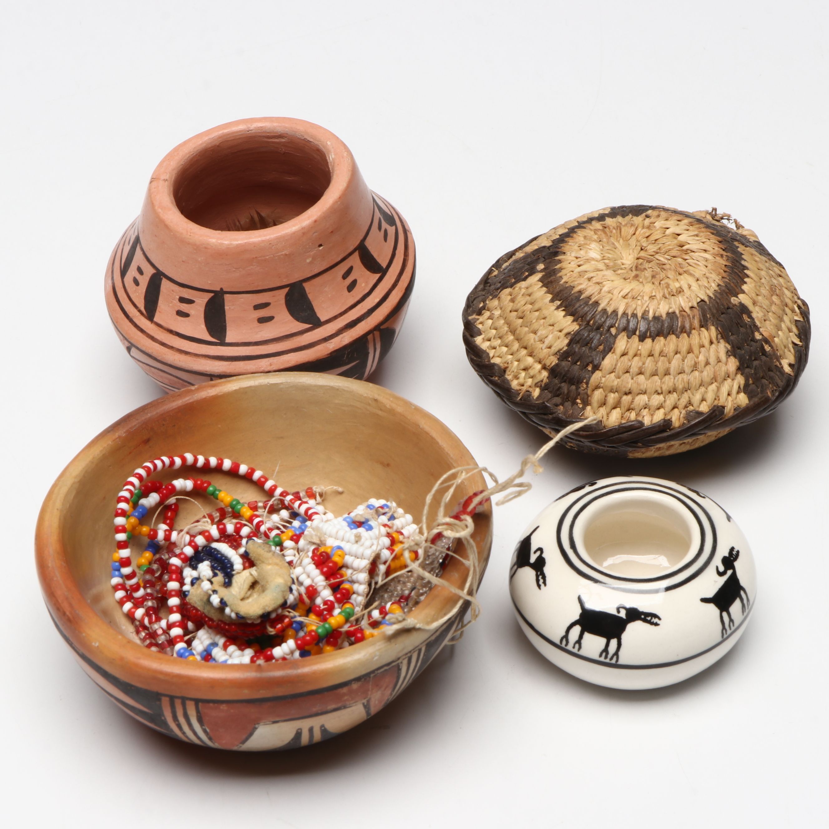 Hand-Painted Hopi and Other Southwest Art Pottery with Beaded Adornments