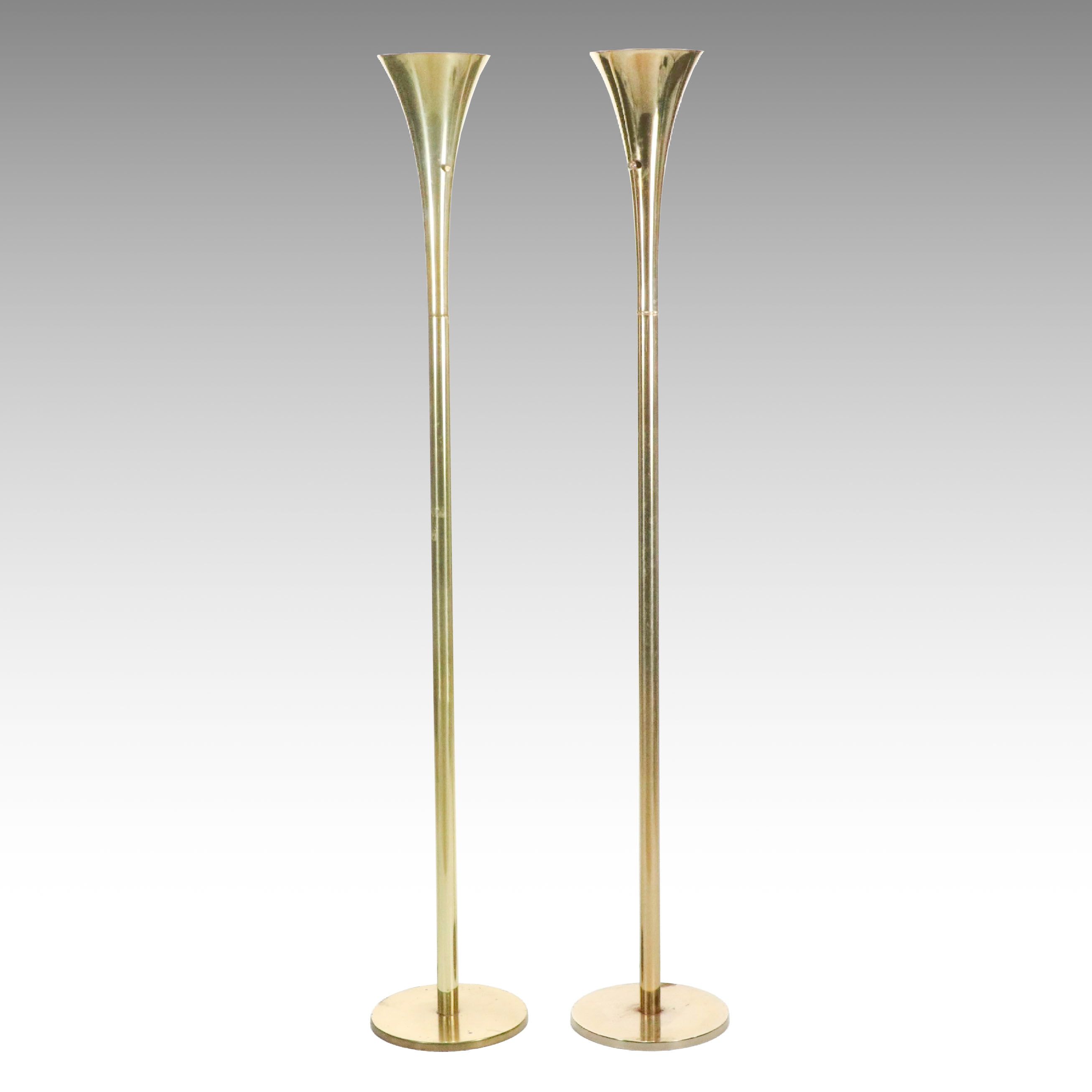Laurel Lamp Co. Mid Century Modern Style Brass Finish Torchiere Floor Lamps