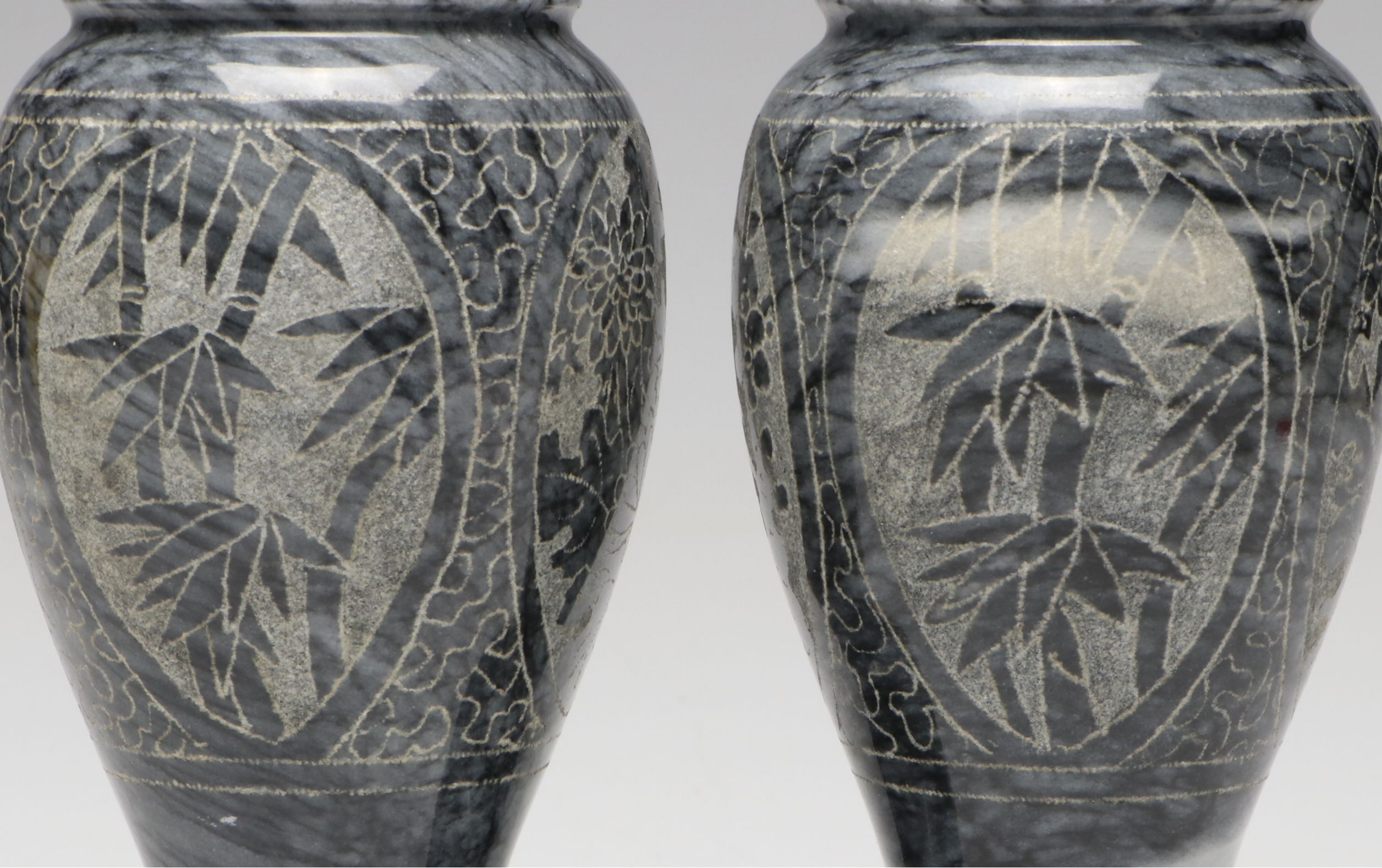 Chinese Style Etched Marble Bamboo Vases