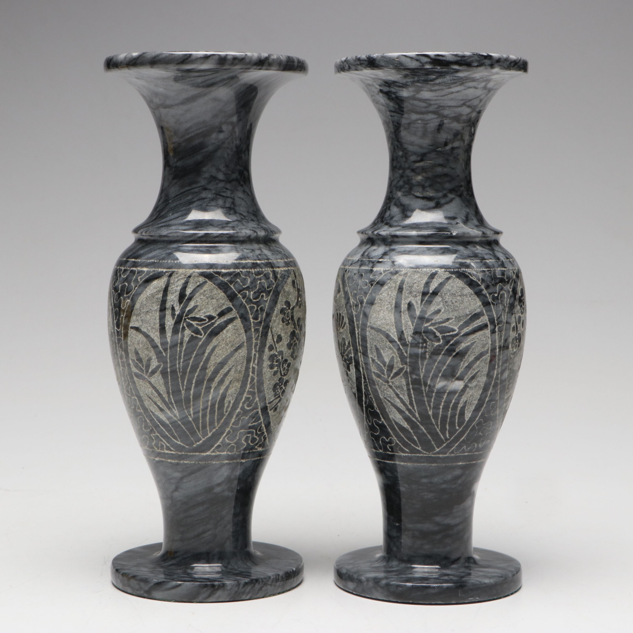 Chinese Style Etched Marble Bamboo Vases