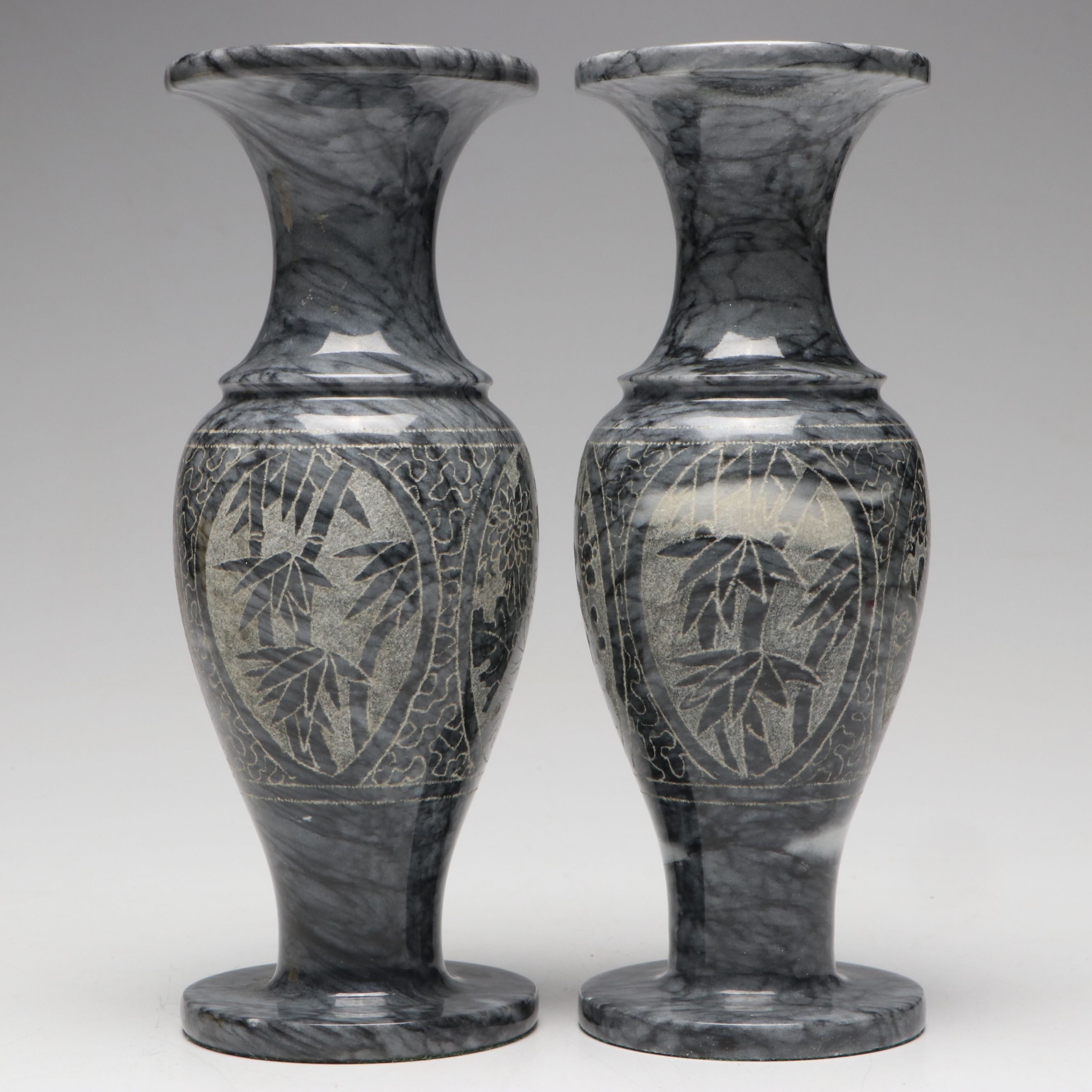 Chinese Style Etched Marble Bamboo Vases