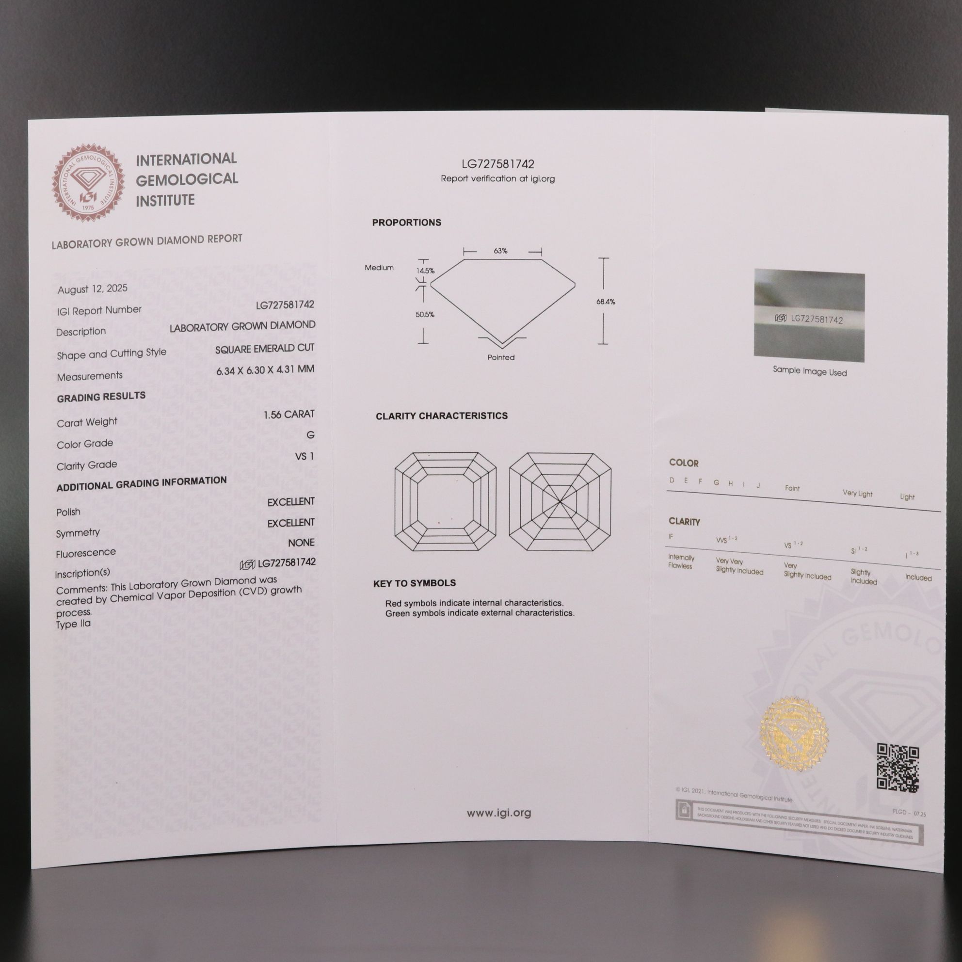 Loose 1.56 CT Lab Grown Diamond with IGI Report