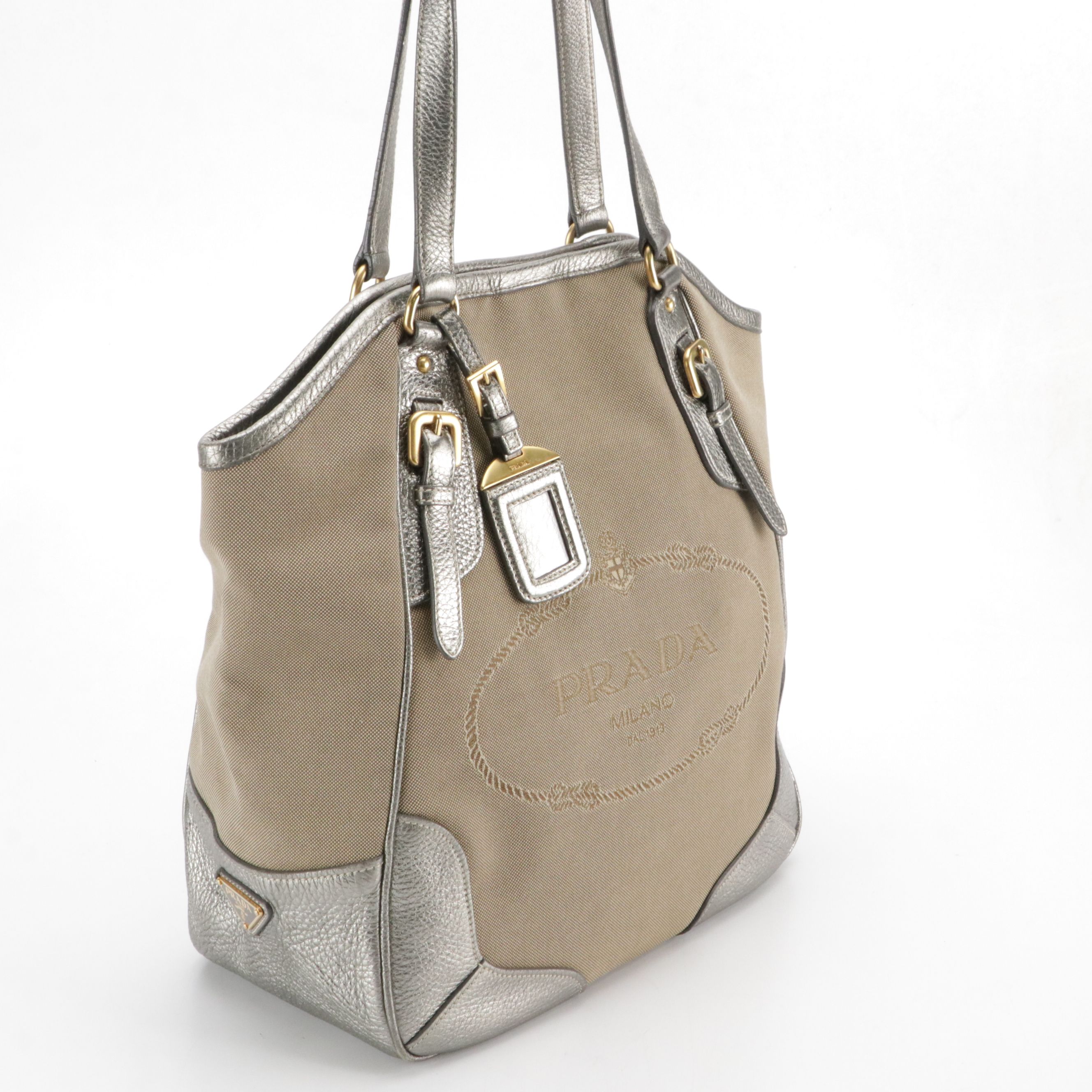 Prada Beige Canapa Logo Canvas and Silver Metallic Leather Tote