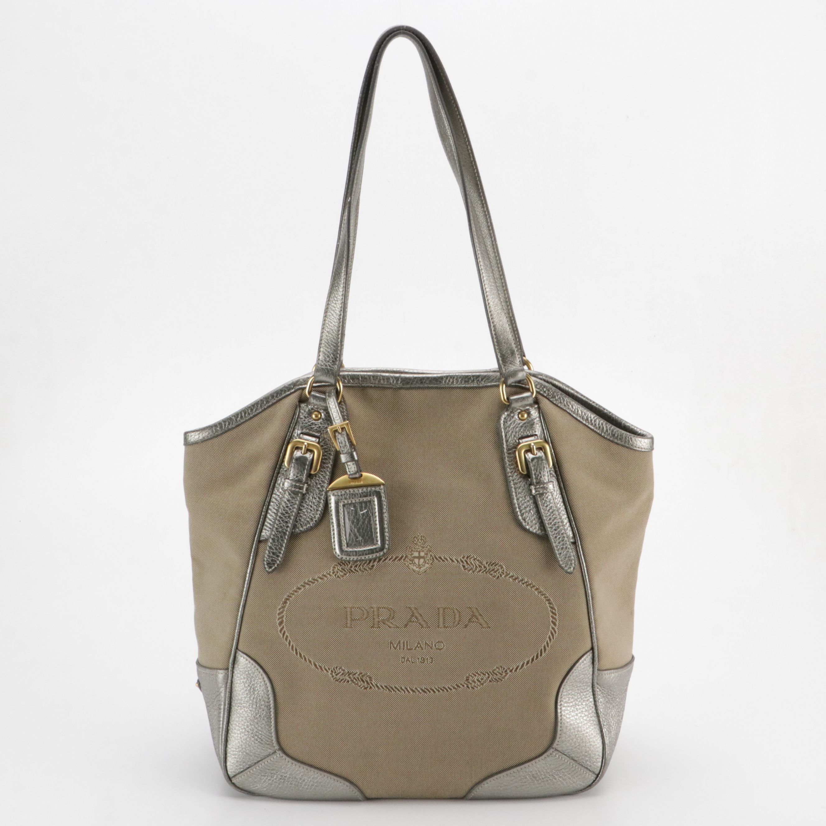 Prada Beige Canapa Logo Canvas and Silver Metallic Leather Tote