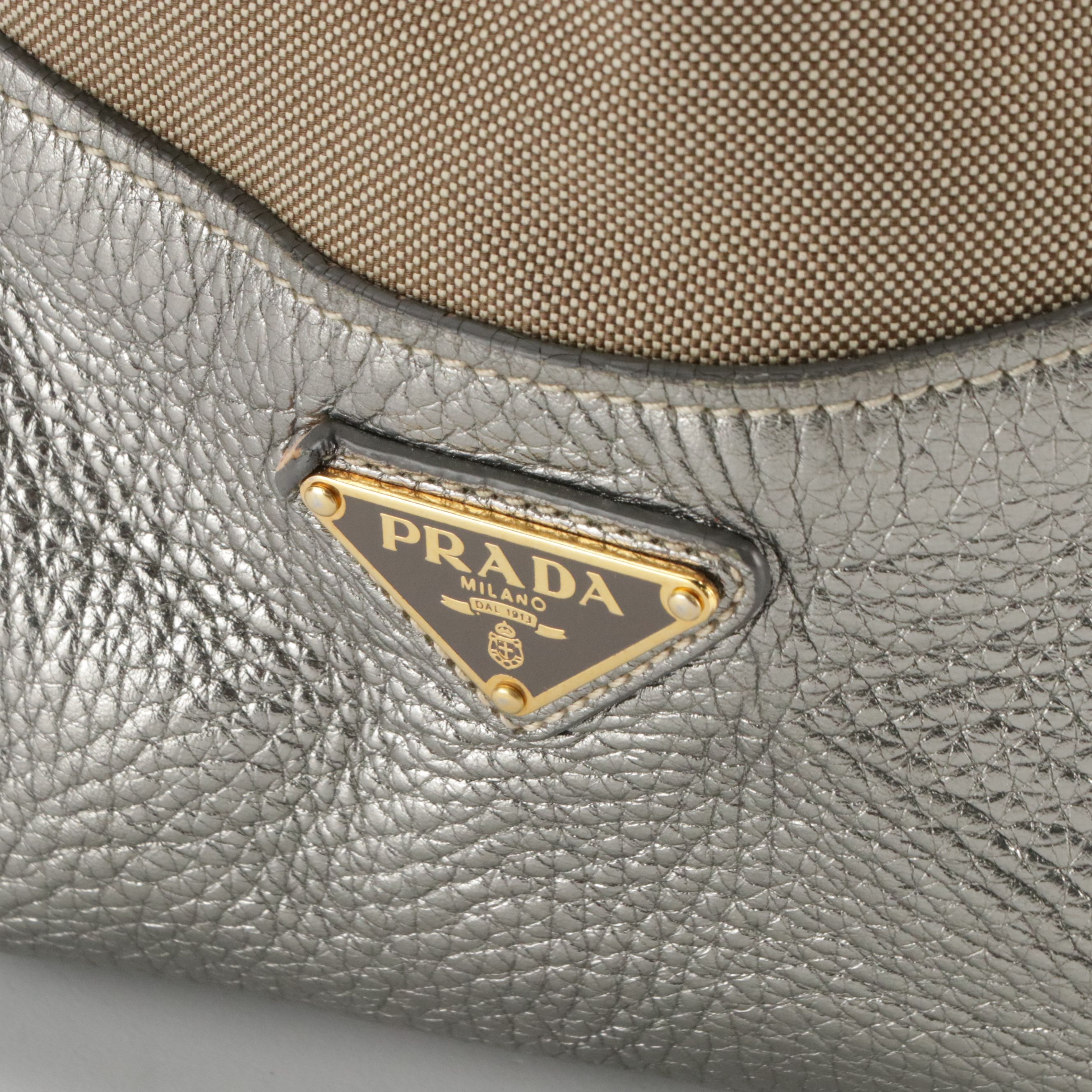 Prada Beige Canapa Logo Canvas and Silver Metallic Leather Tote