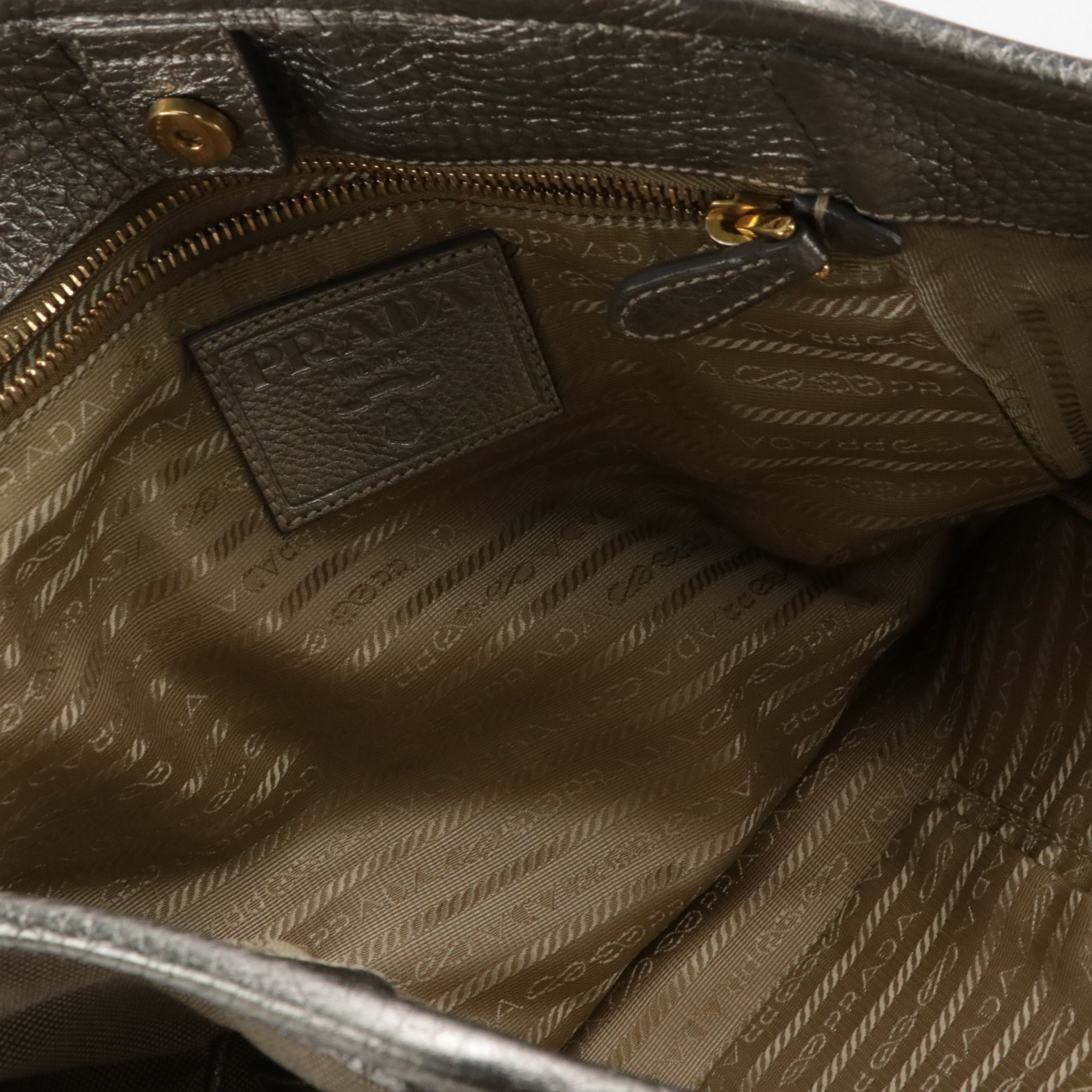 Prada Beige Canapa Logo Canvas and Silver Metallic Leather Tote