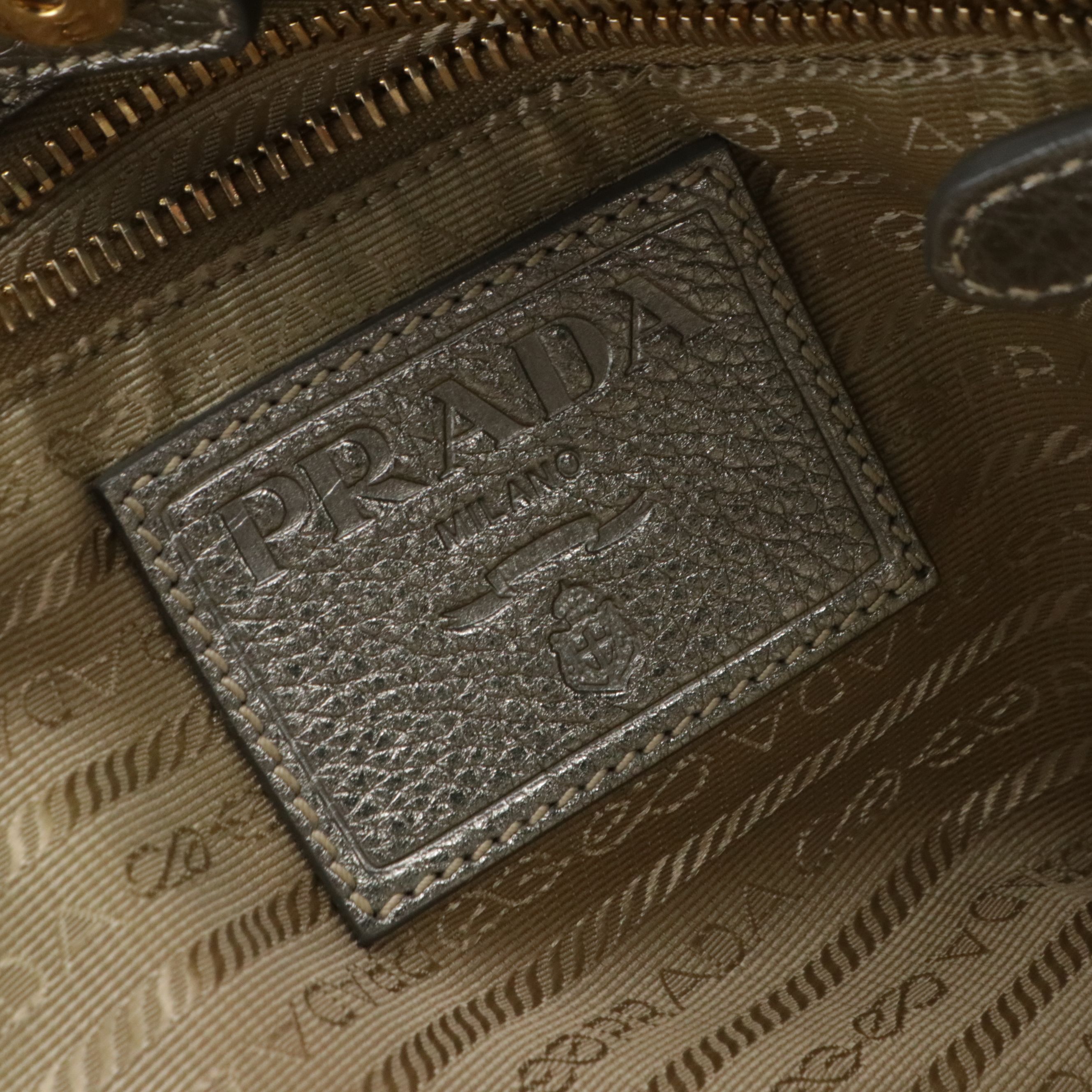 Prada Beige Canapa Logo Canvas and Silver Metallic Leather Tote