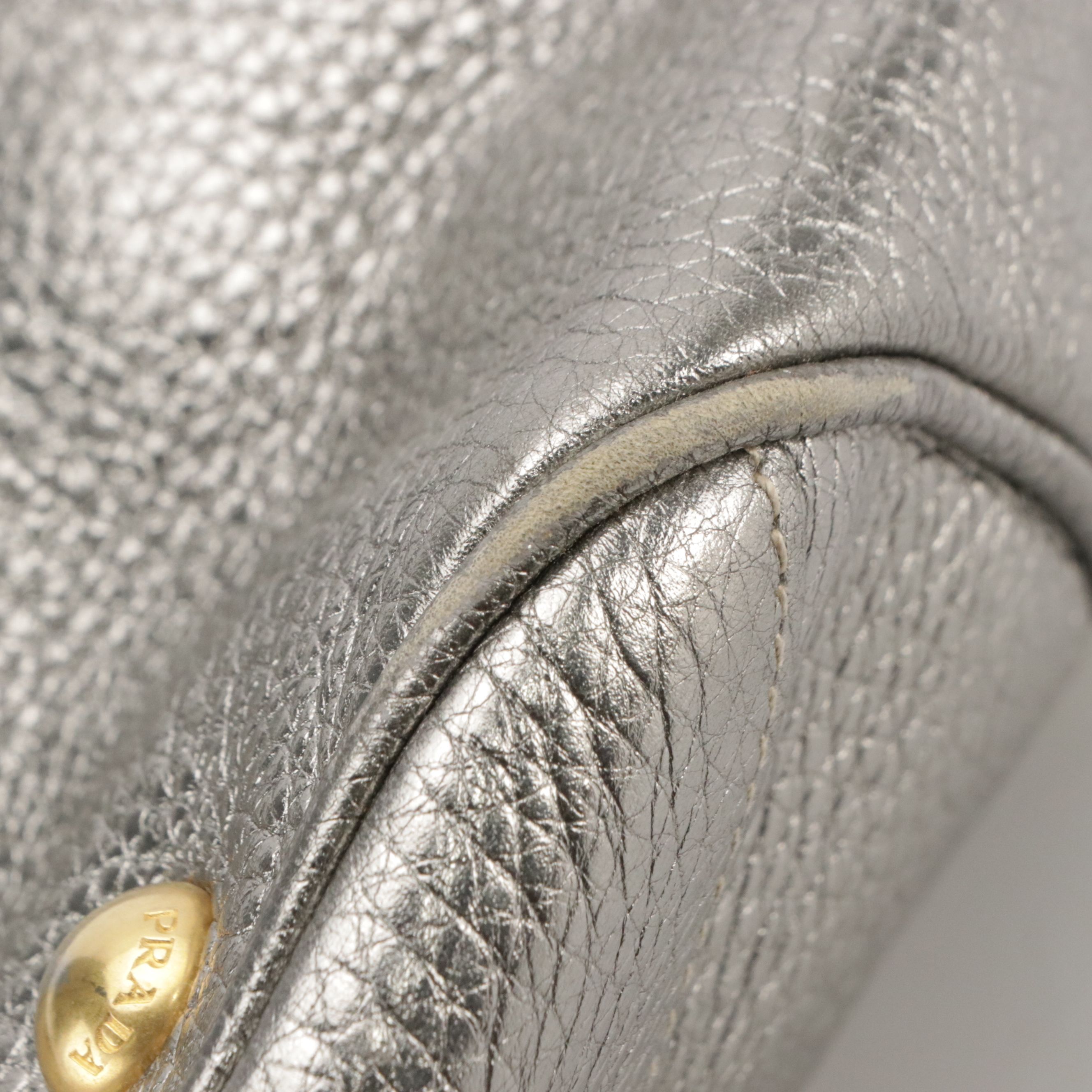 Prada Beige Canapa Logo Canvas and Silver Metallic Leather Tote