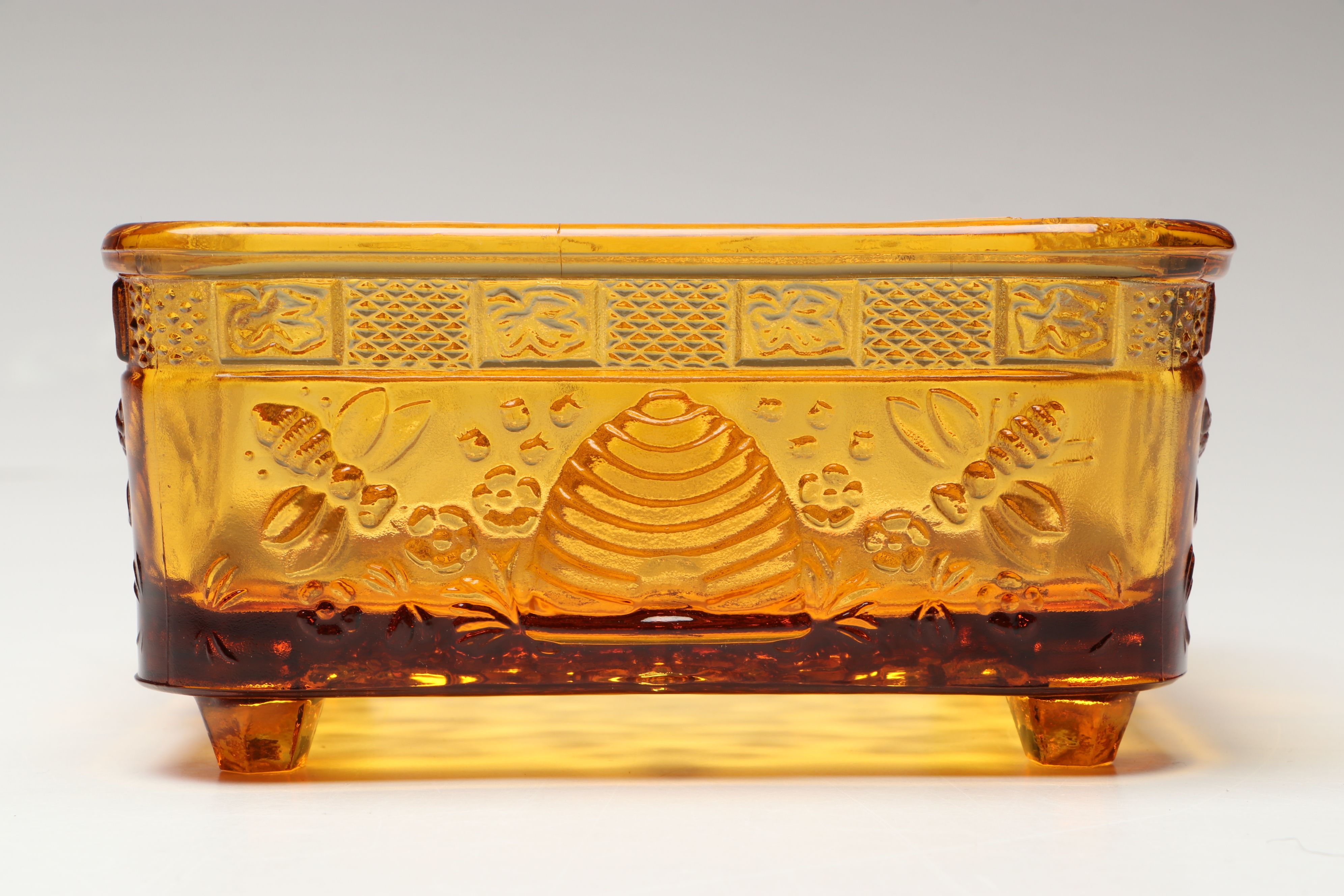 Indiana Glass "Honey Bee" Amber Glass Bowl  with Carnival Glass Candle Holder