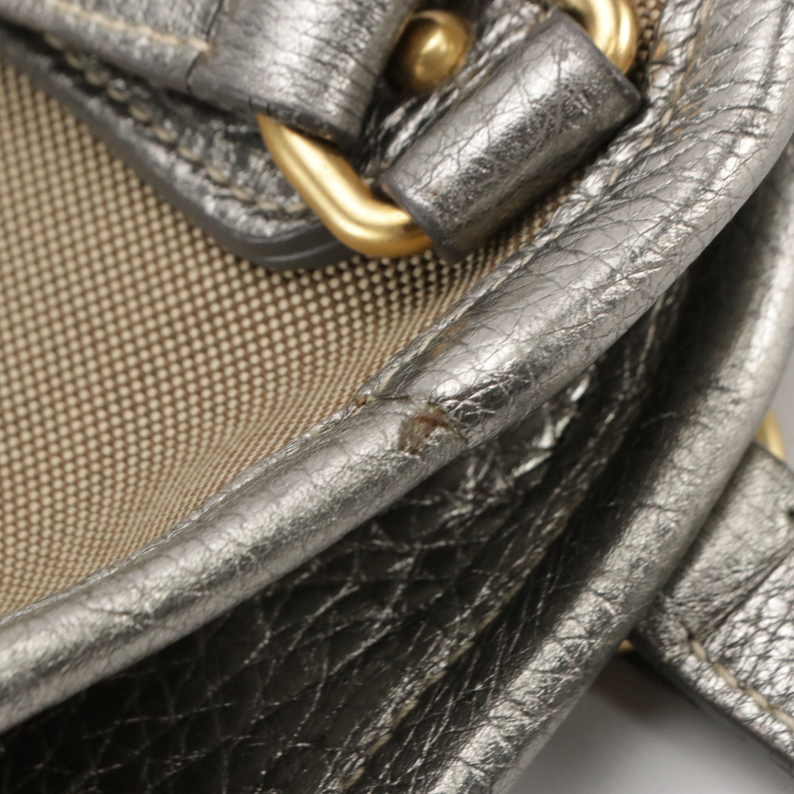 Prada Beige Canapa Logo Canvas and Silver Metallic Leather Tote