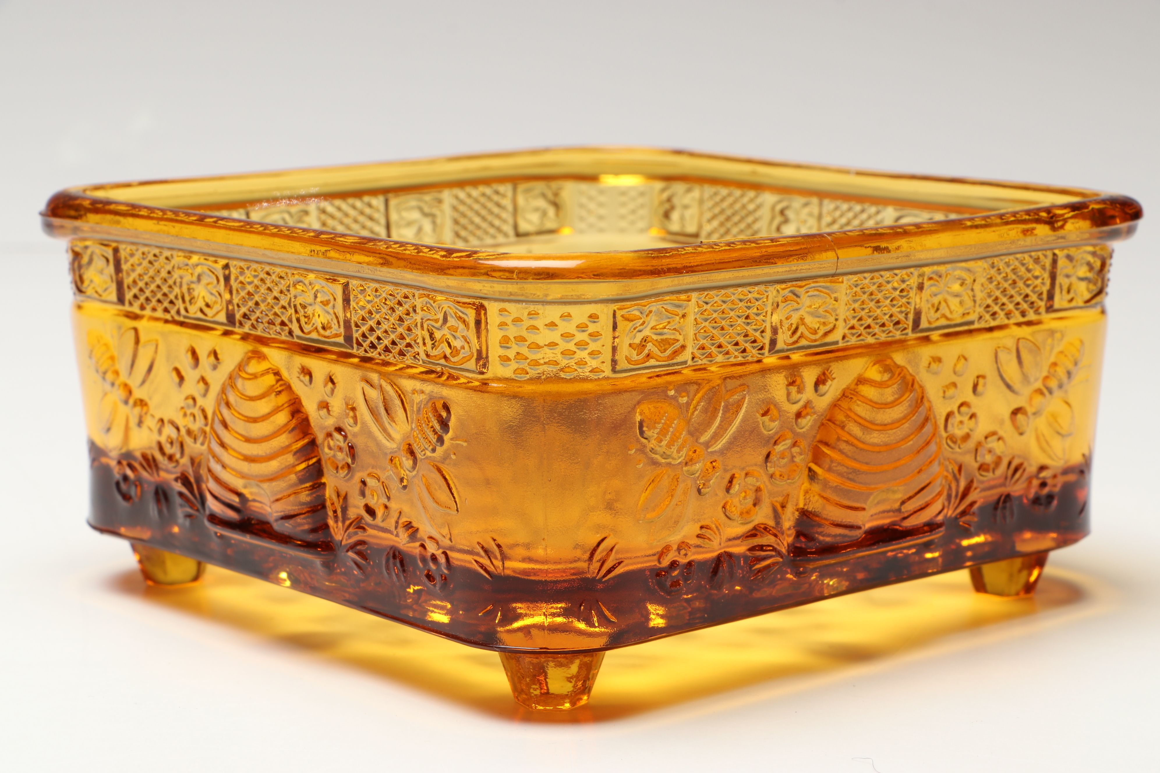 Indiana Glass "Honey Bee" Amber Glass Bowl  with Carnival Glass Candle Holder