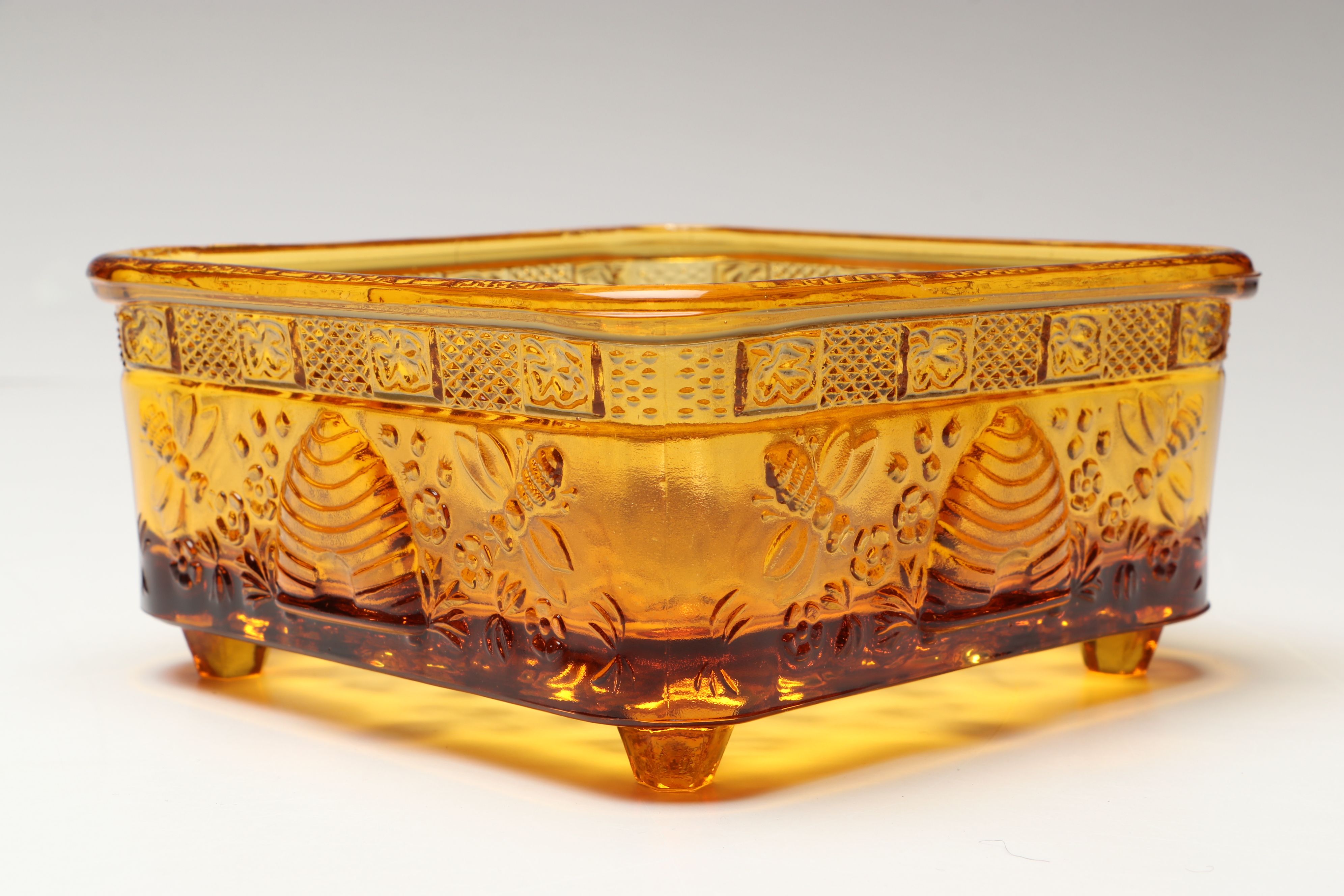 Indiana Glass "Honey Bee" Amber Glass Bowl  with Carnival Glass Candle Holder