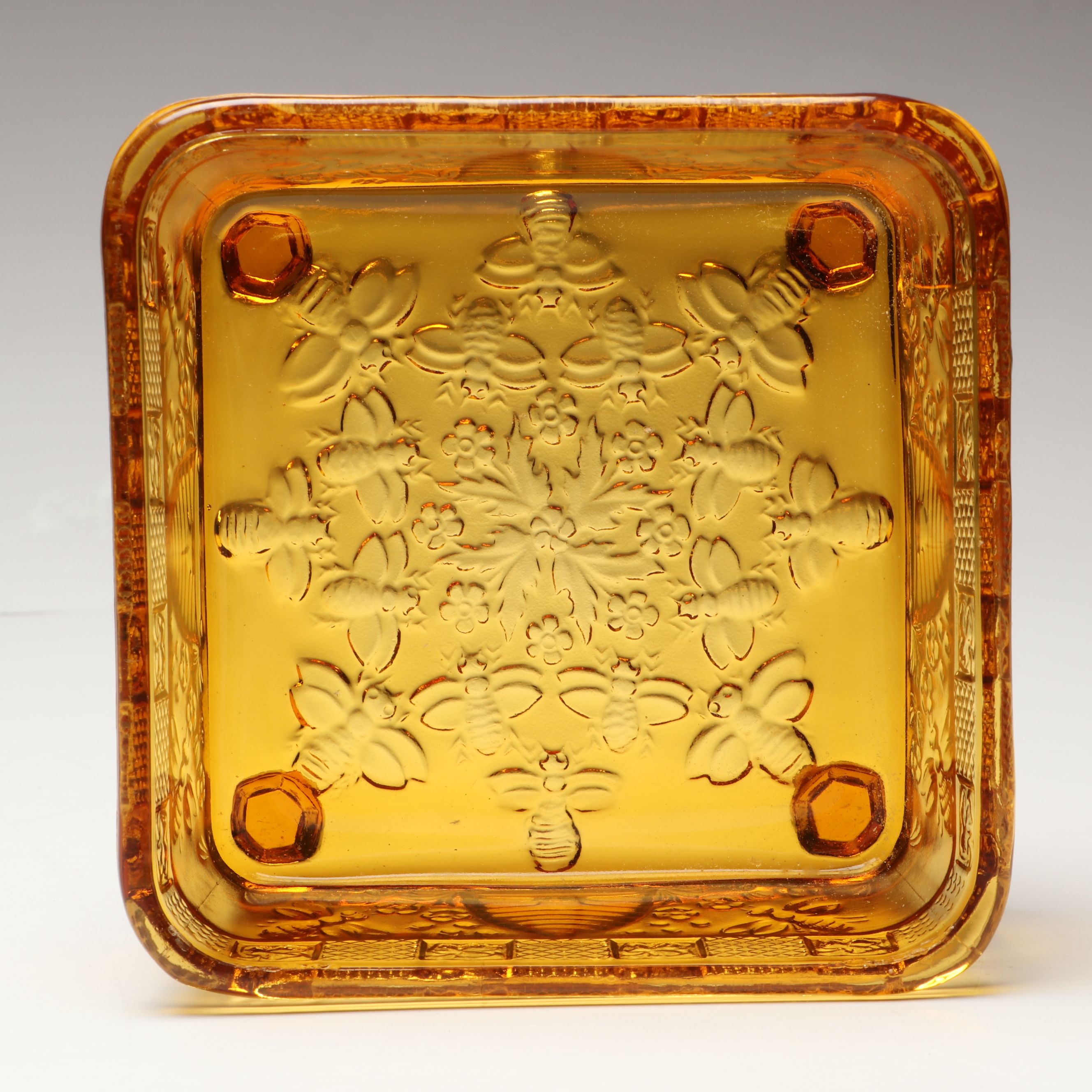 Indiana Glass "Honey Bee" Amber Glass Bowl  with Carnival Glass Candle Holder