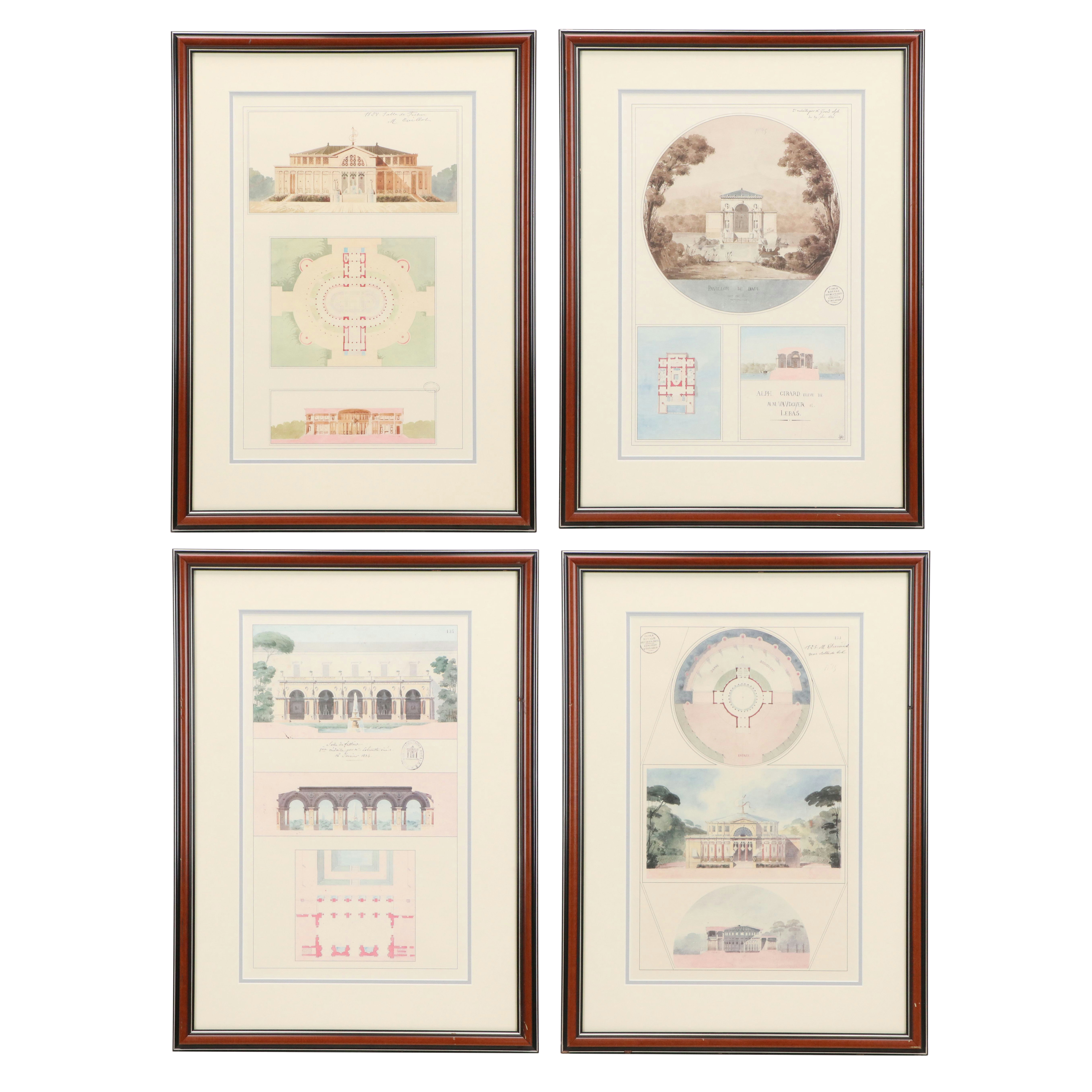 Four Offset Lithographs After French Architectural Drawings, 20th-21st C.