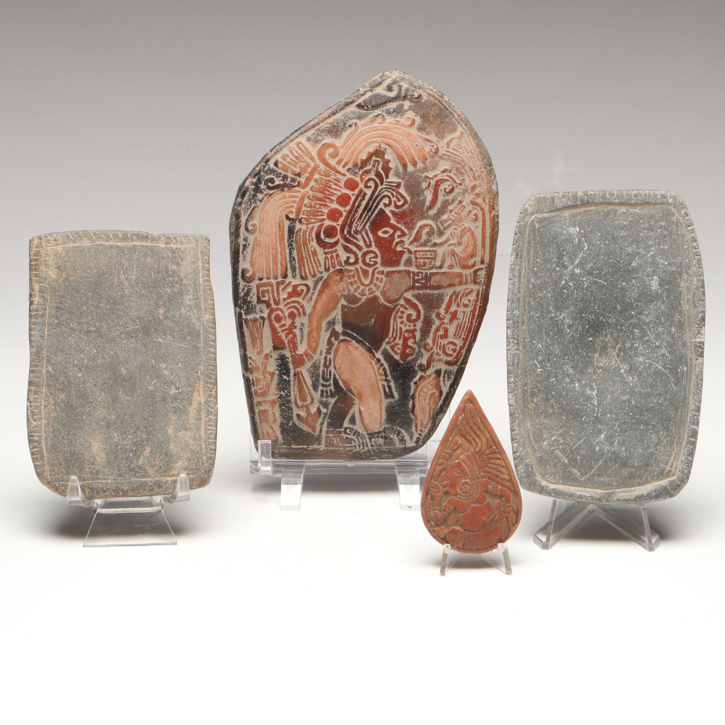 Mesoamerican Style Engraved Plaque, Pendant and Ink or Dye Grinding Stones