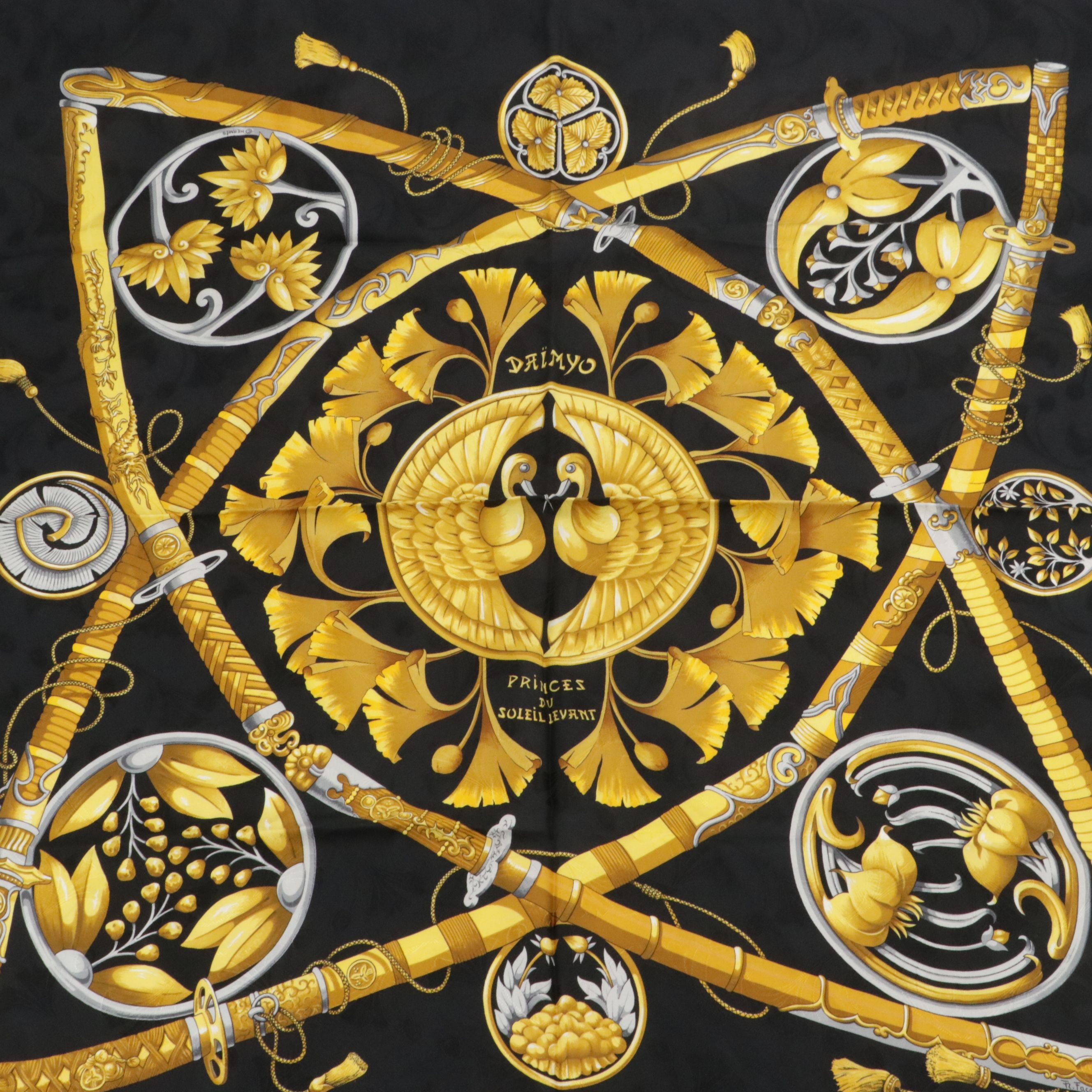 Hermès "Daïmyo Princes du Soleil Levant" Black & Gold Silk Jacquard Scarf 90