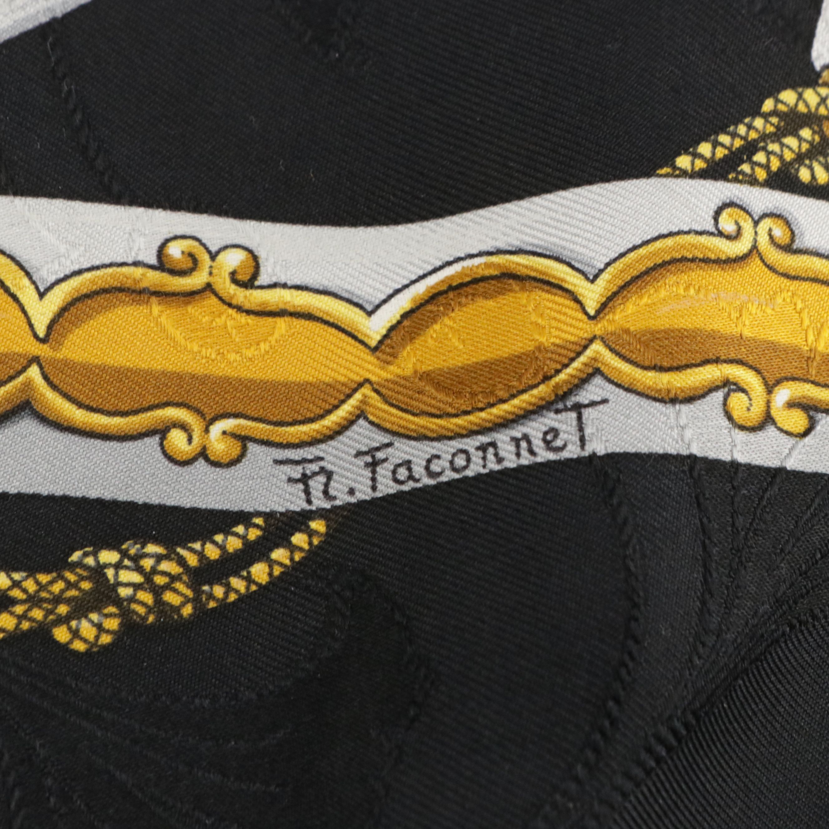 Hermès "Daïmyo Princes du Soleil Levant" Black & Gold Silk Jacquard Scarf 90