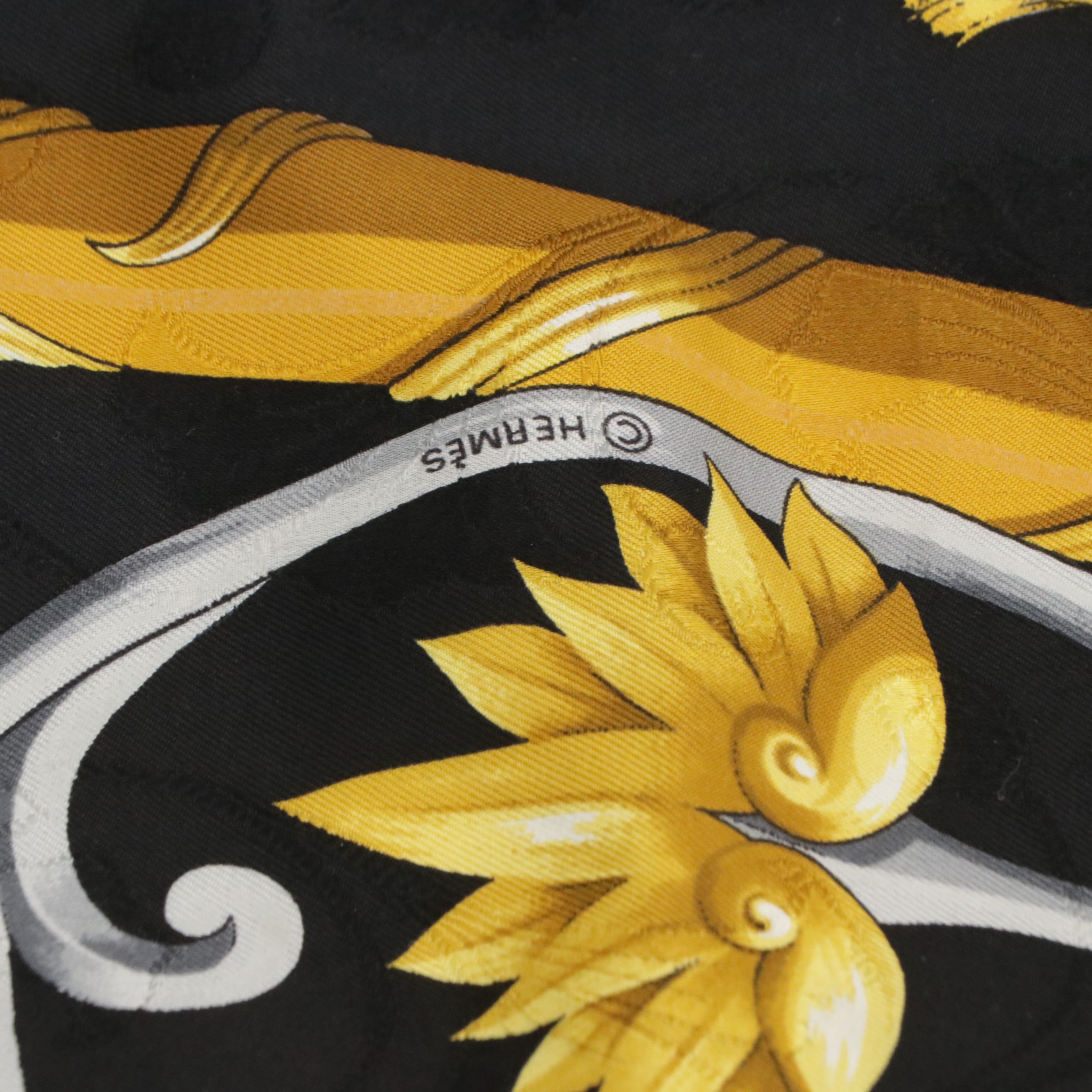 Hermès "Daïmyo Princes du Soleil Levant" Black & Gold Silk Jacquard Scarf 90