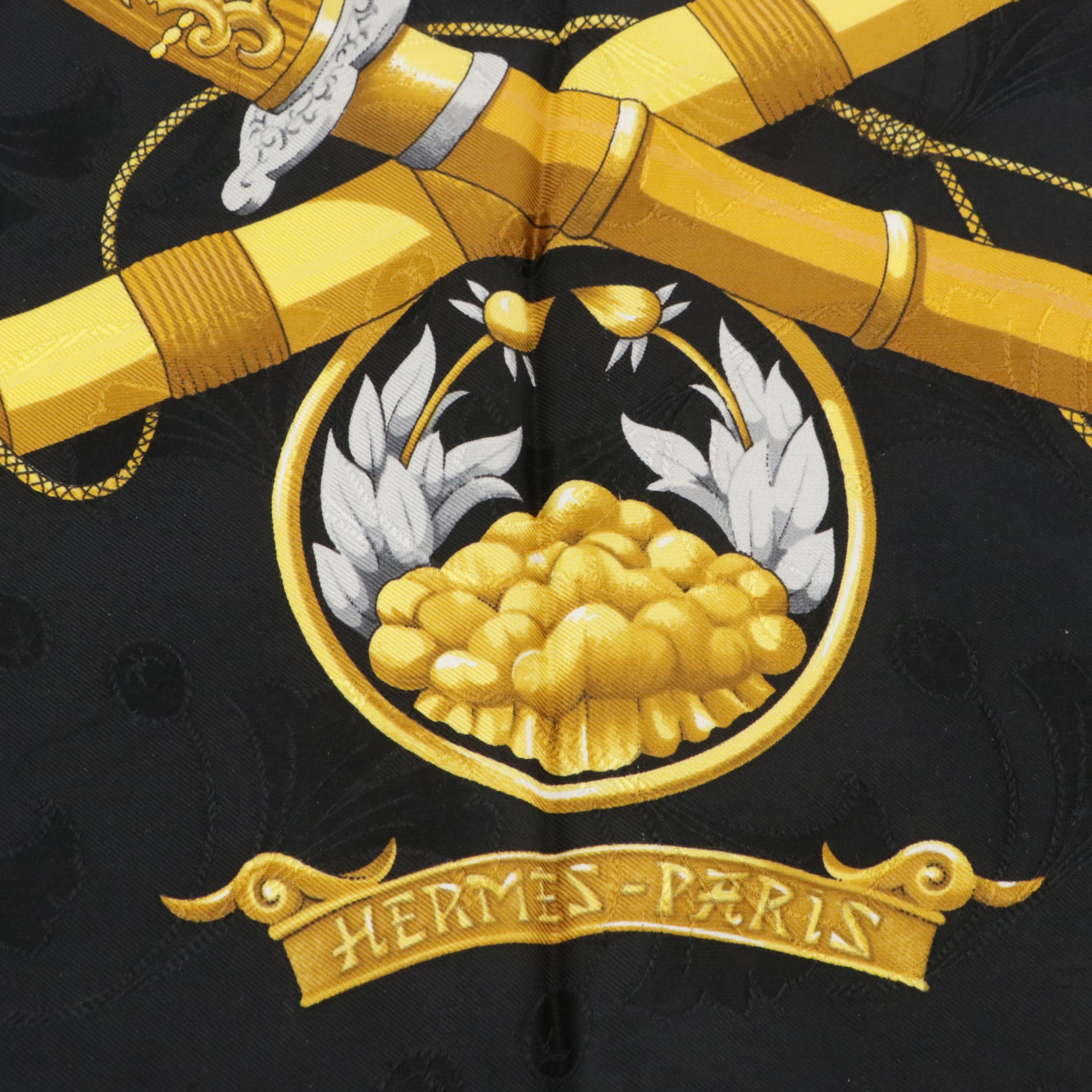 Hermès "Daïmyo Princes du Soleil Levant" Black & Gold Silk Jacquard Scarf 90