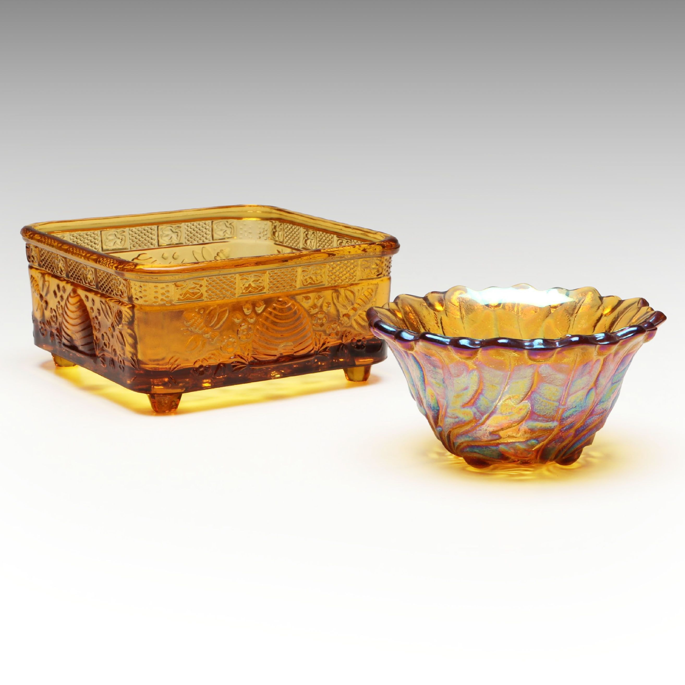 Indiana Glass "Honey Bee" Amber Glass Bowl  with Carnival Glass Candle Holder