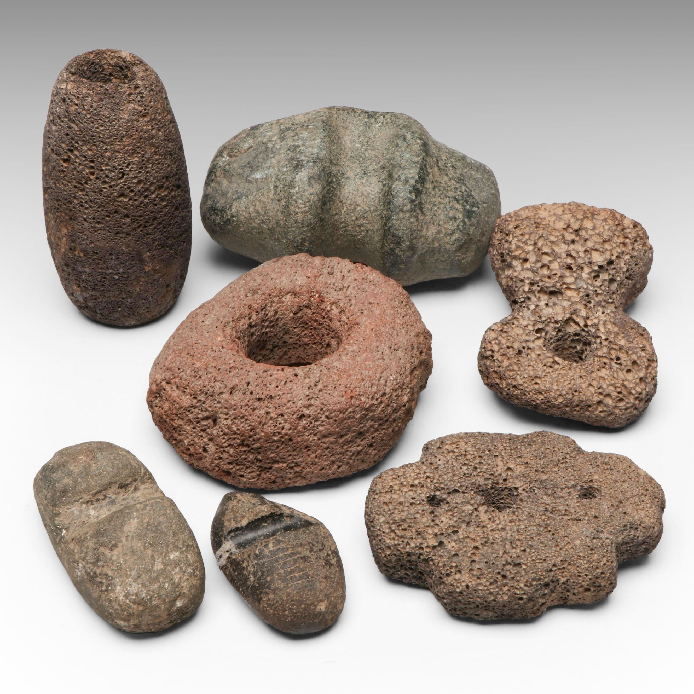 Native American Stone Axe Head, Volcanic Rock Anchor Weights and Other Artifacts