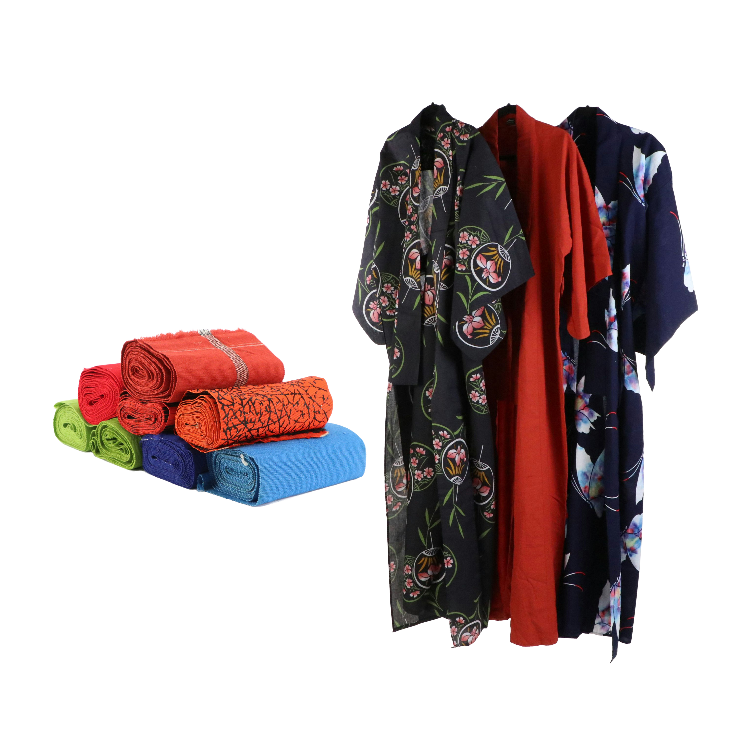 Japanese Yukata Kimonos in Floral Printed Cotton with Hanhabas and Other Kimono