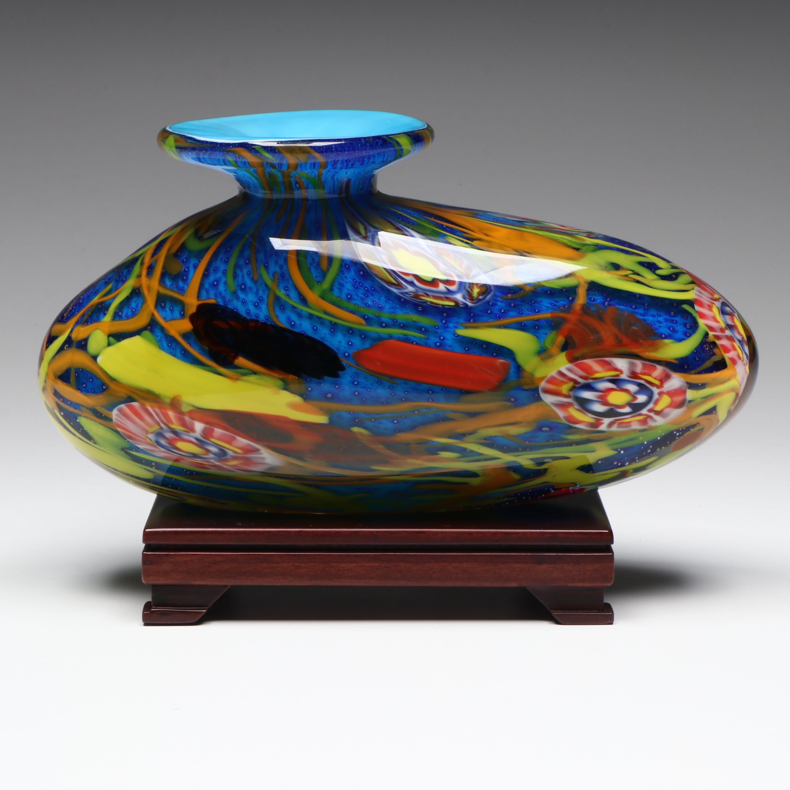 Murano Style Handblown Multicolor Art Glass Vase on Wood Stand
