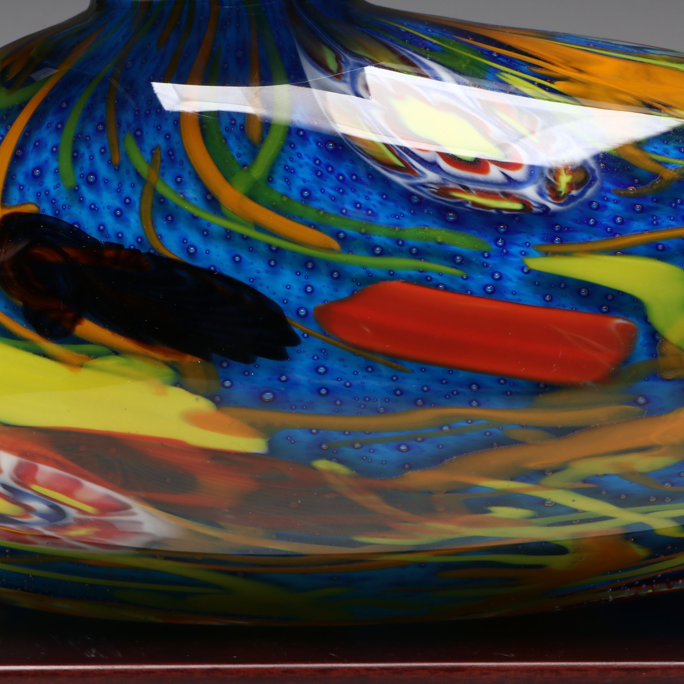 Murano Style Handblown Multicolor Art Glass Vase on Wood Stand